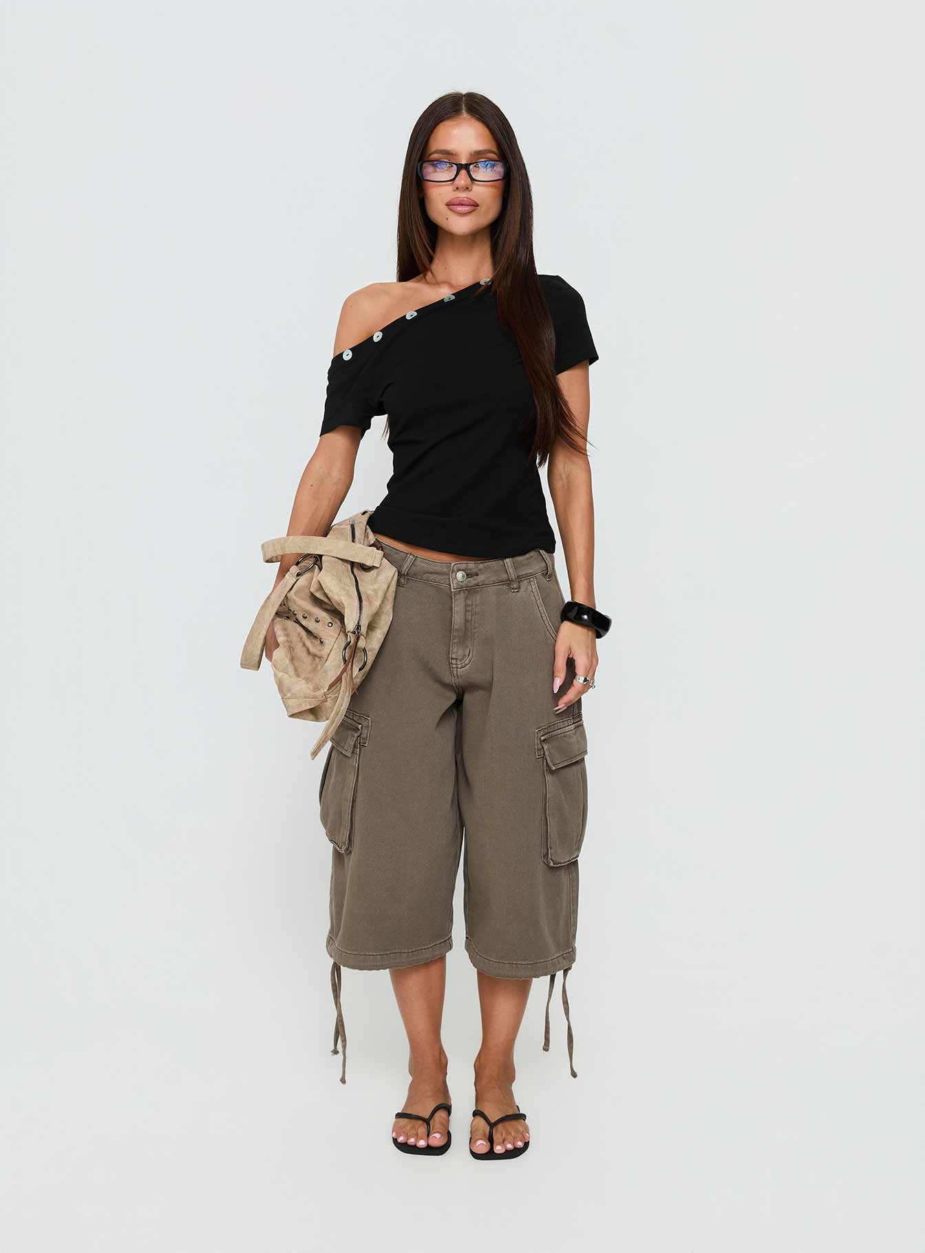 Dalten Off Shoulder Button Detail Top Black - Image 7