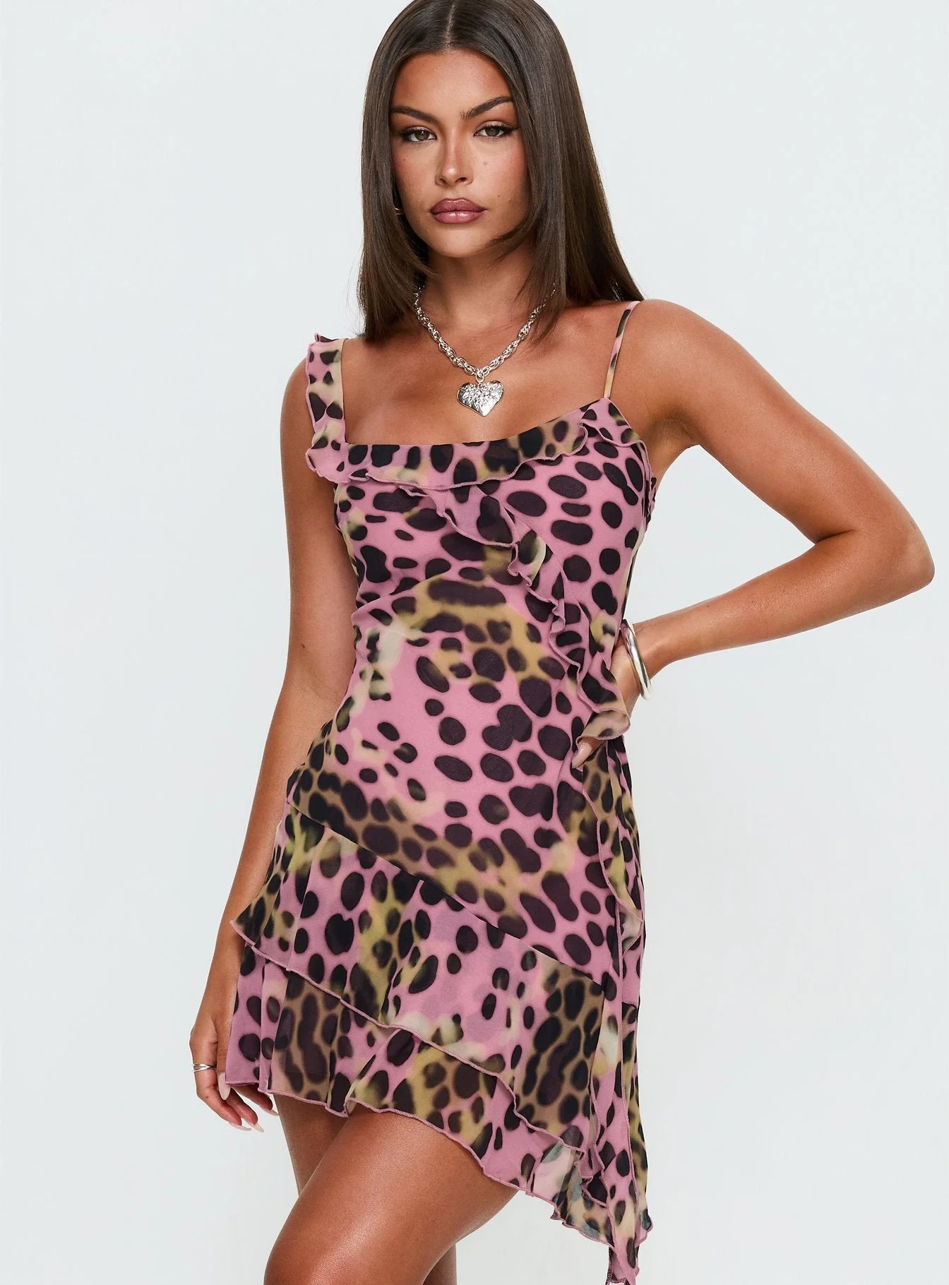 Danita Off Shoulder Frill Mini Dress Pink Animal Multi - Image 2