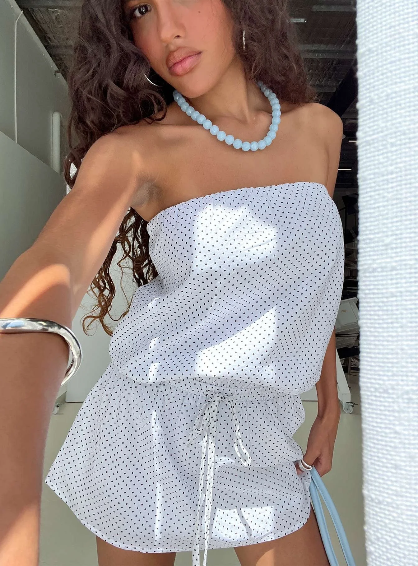 Dannielle Strapless Playsuit White Polka Dot