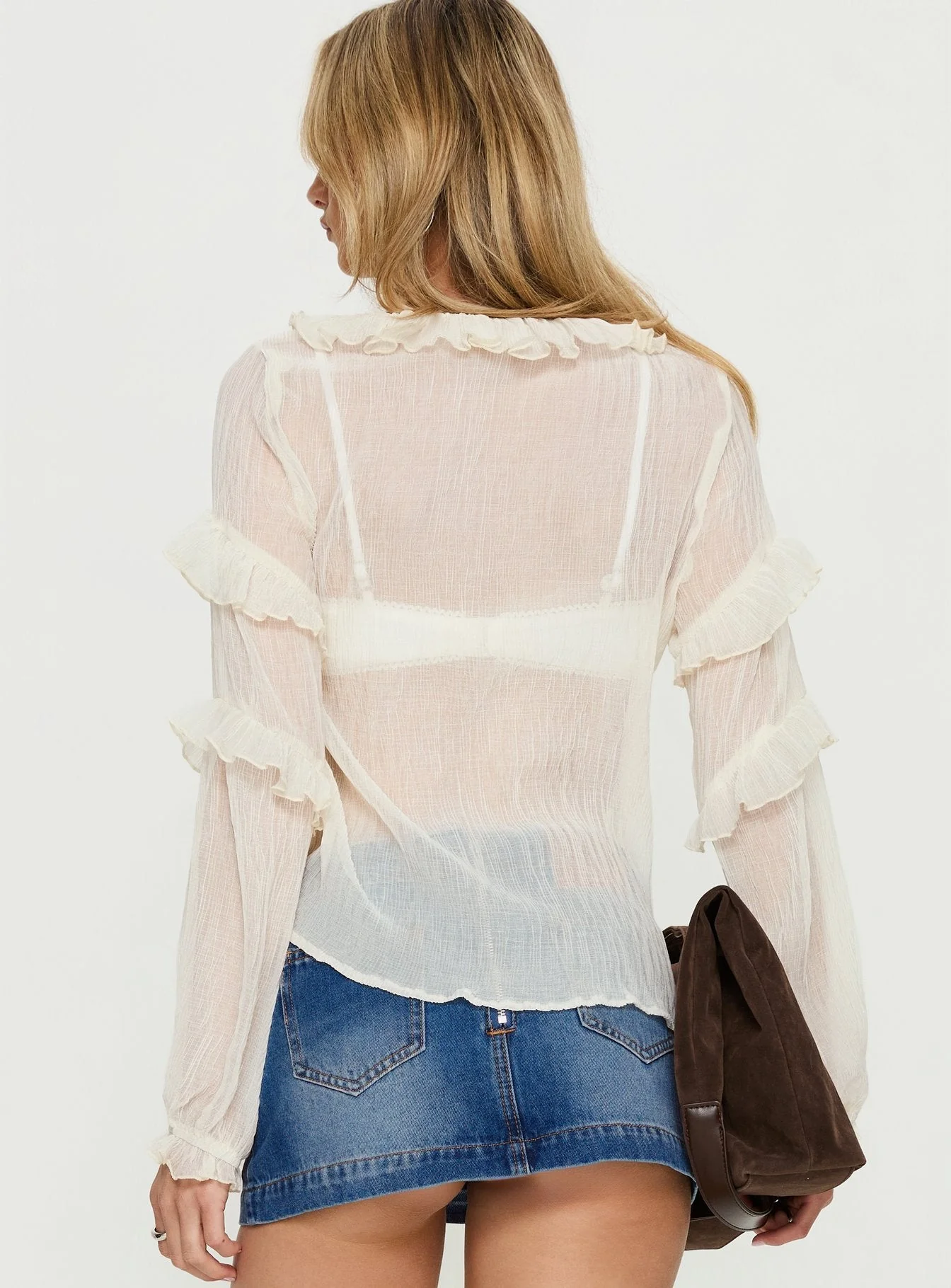 Daphena Sheer Long Sleeve Blouse Top Cream - Image 5