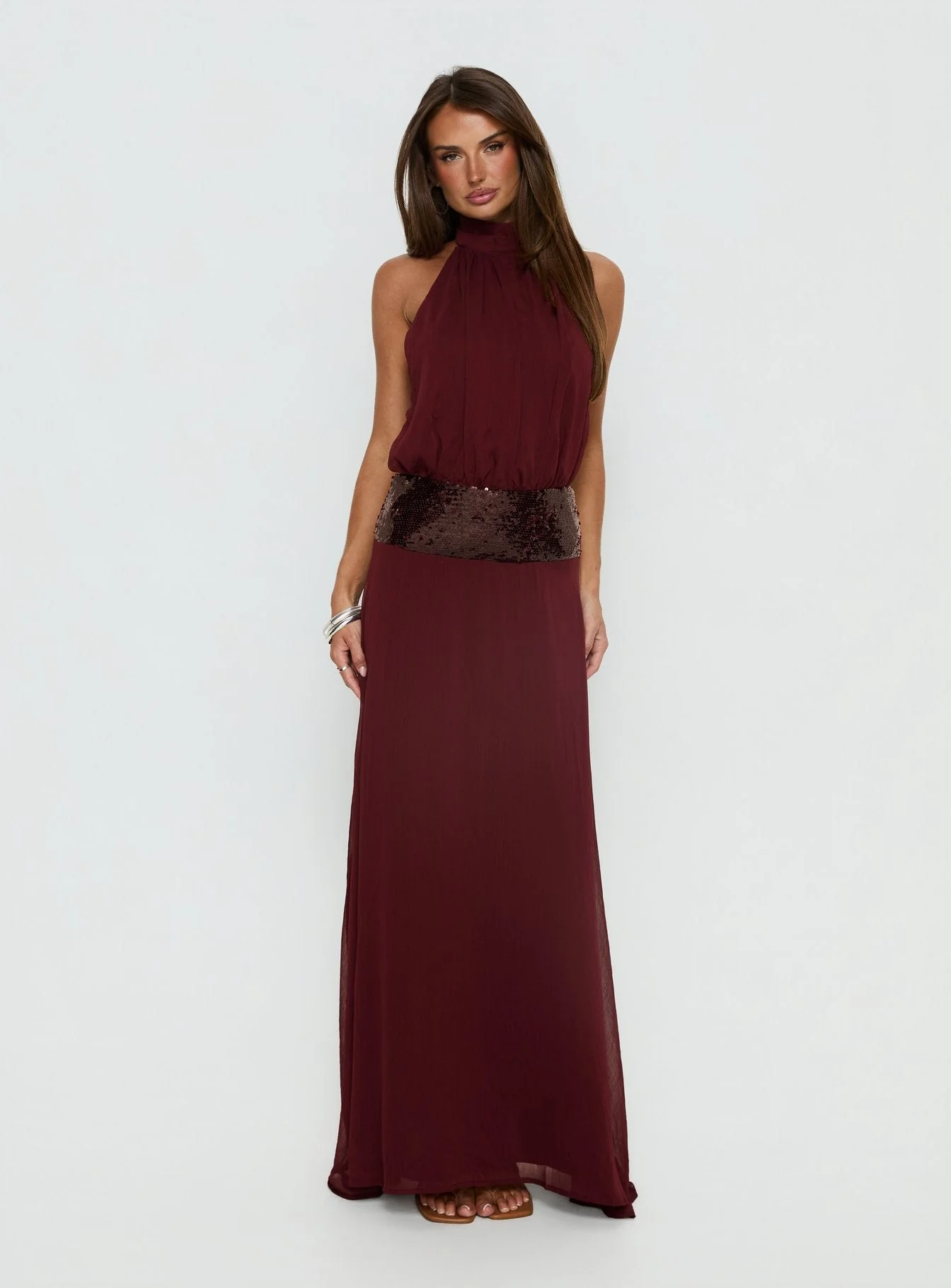 Darwinn Drop Waist Sequin Detail Maxi Dress Burgundy - Image 2