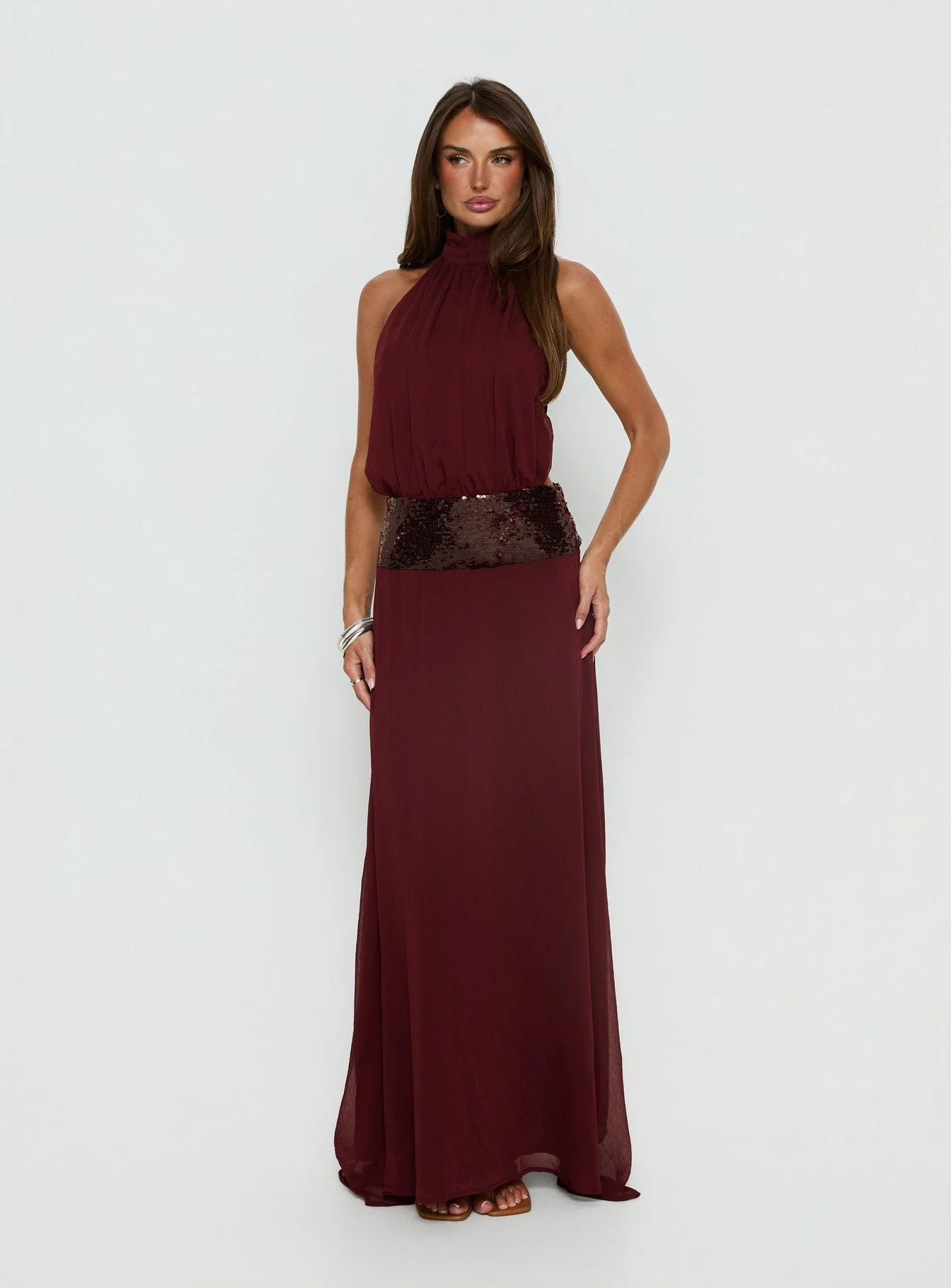 Darwinn Drop Waist Sequin Detail Maxi Dress Burgundy - Image 3