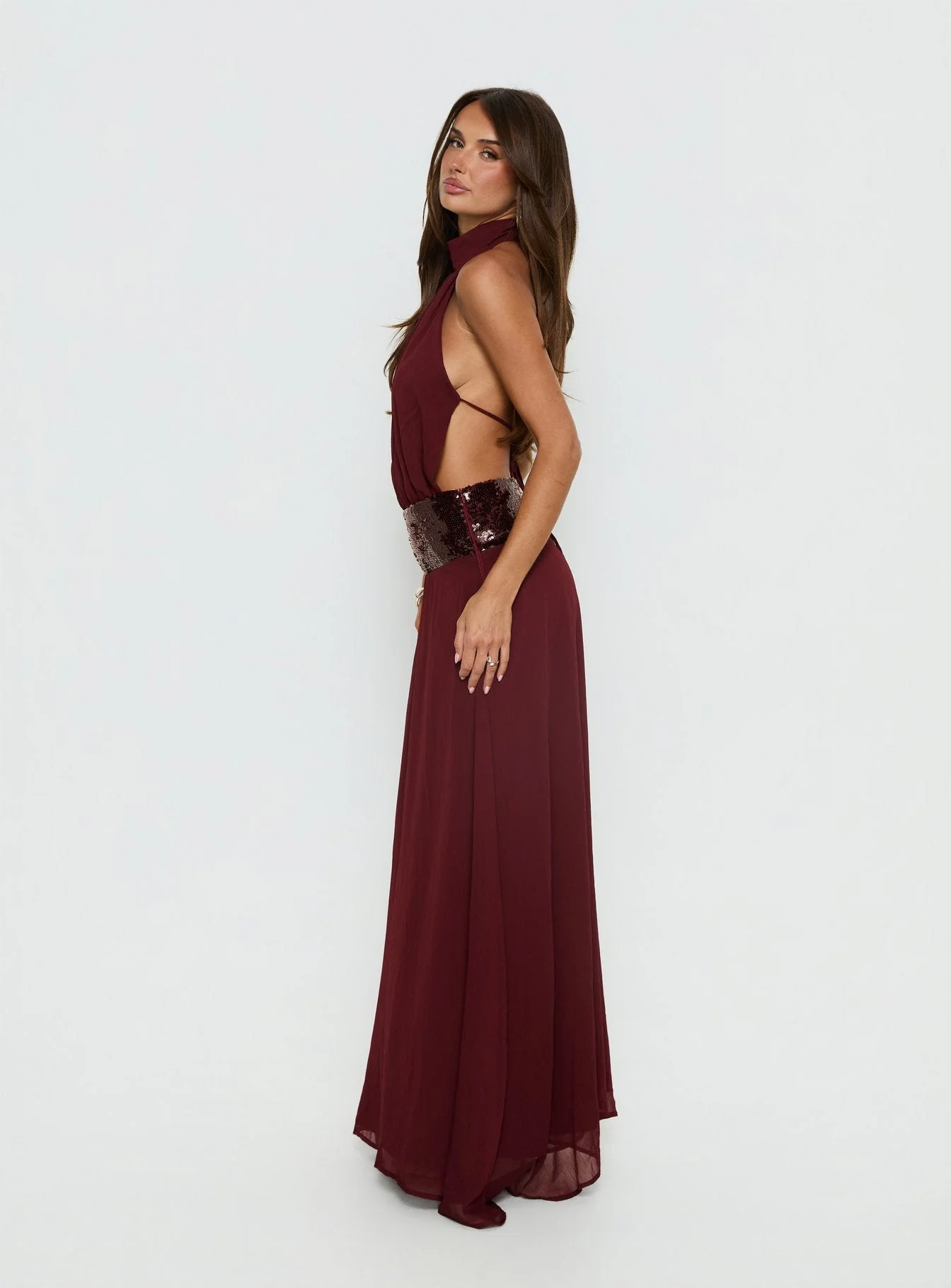 Darwinn Drop Waist Sequin Detail Maxi Dress Burgundy - Image 4
