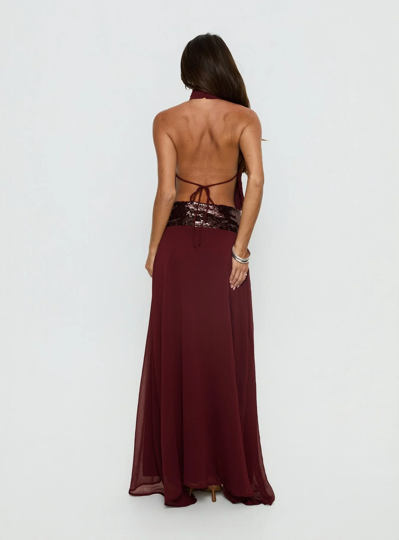 Darwinn Drop Waist Sequin Detail Maxi Dress Burgundy - Image 5