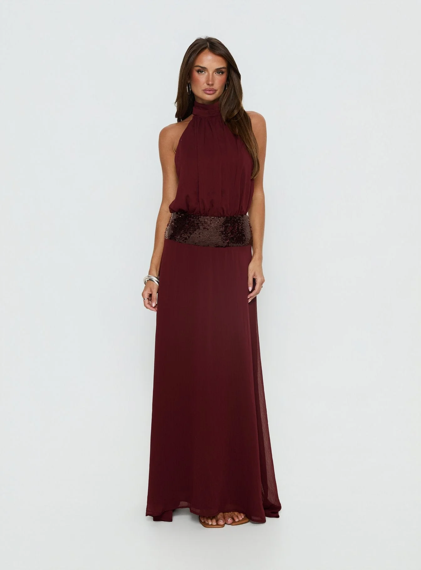Darwinn Drop Waist Sequin Detail Maxi Dress Burgundy - Image 7