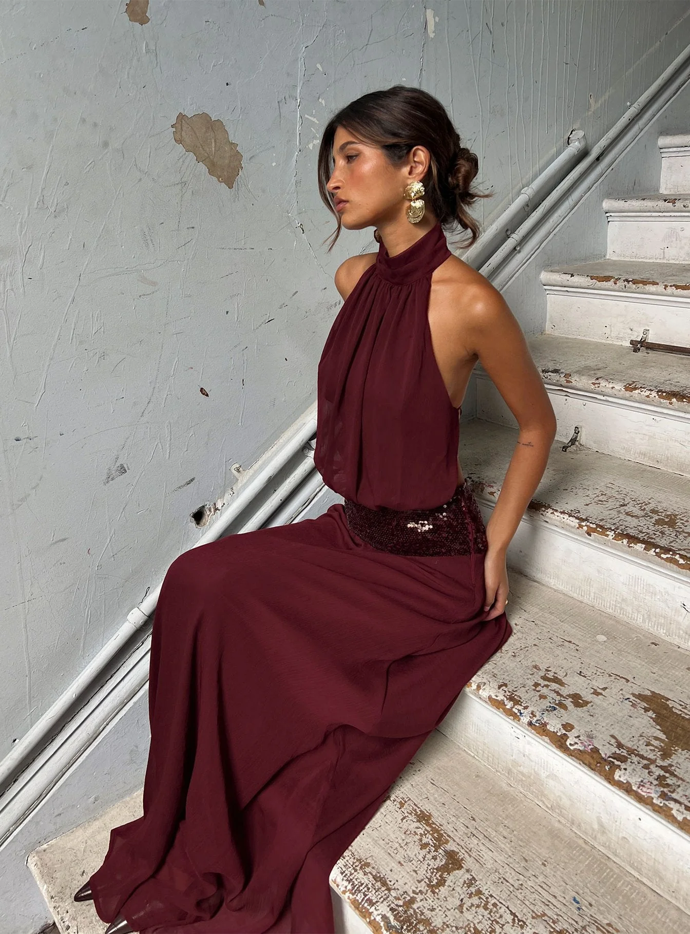 Darwinn Drop Waist Sequin Detail Maxi Dress Burgundy - Image 8