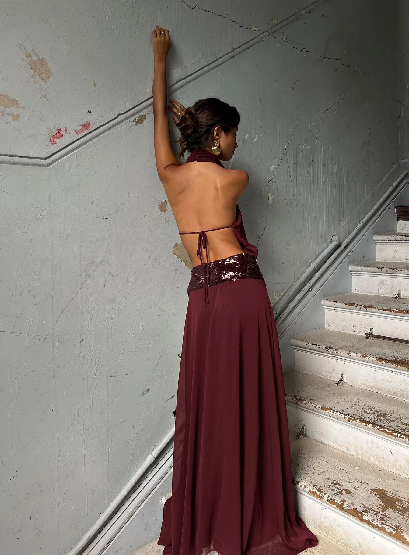 Darwinn Drop Waist Sequin Detail Maxi Dress Burgundy - Image 9
