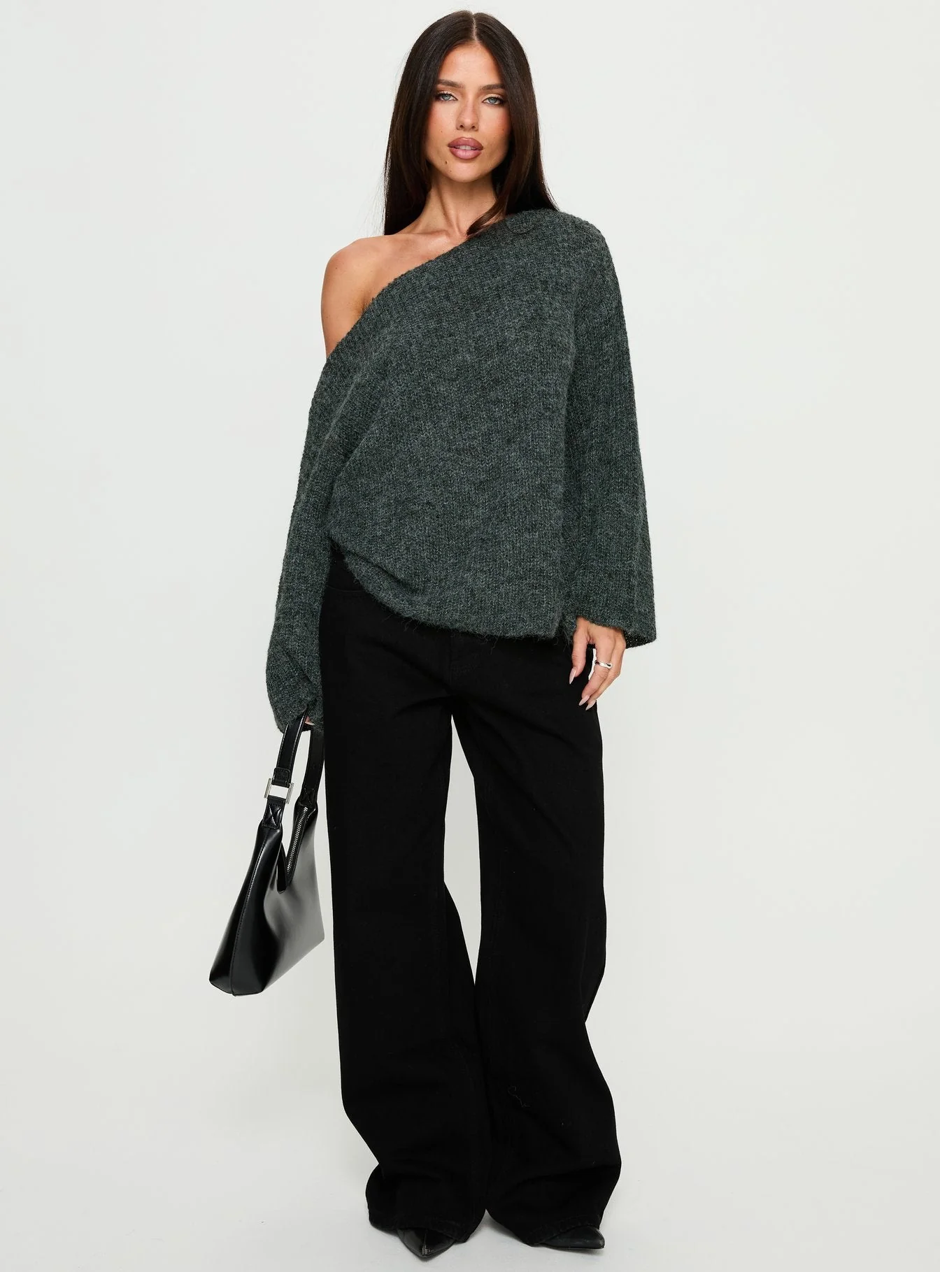 Delyn Off Shoulder Slouchy Knit Sweater Black Marle - Image 3