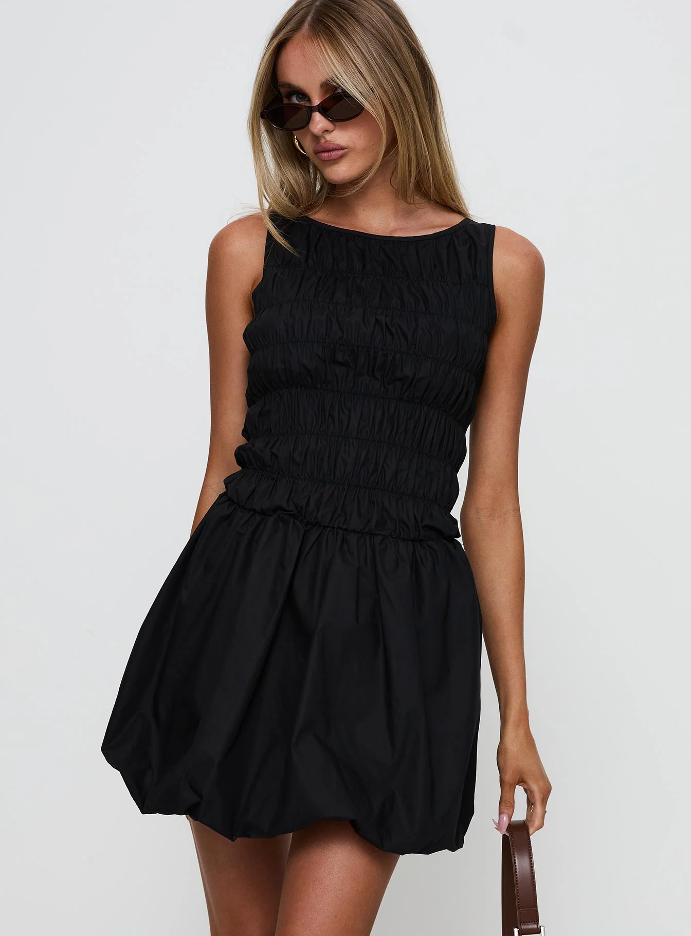 Demure Shirred Bubble Hem Mini Dress Black - Image 2