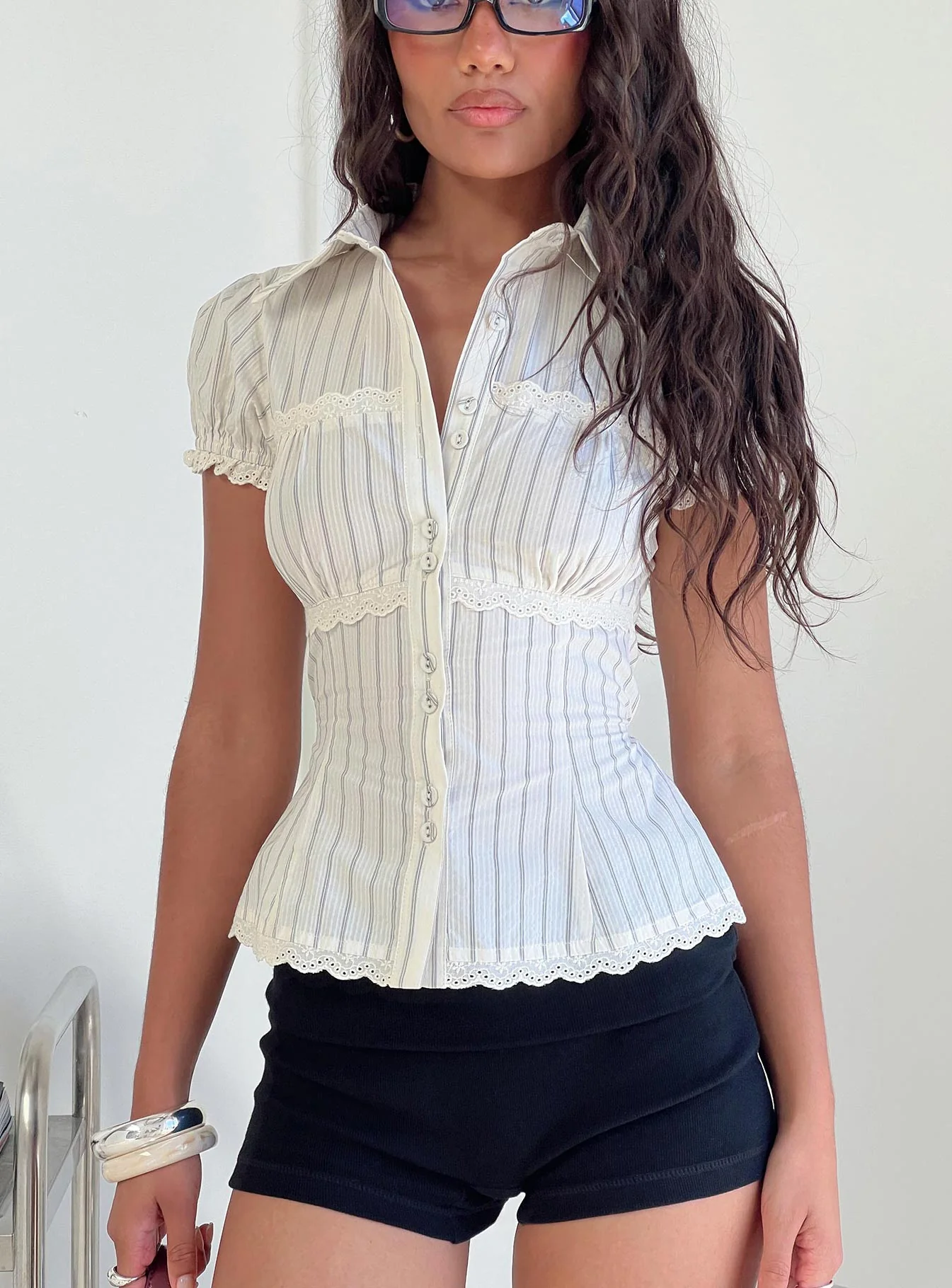 Deserve You Puff Sleeve Button Front Top Cream Stripe - Image 2