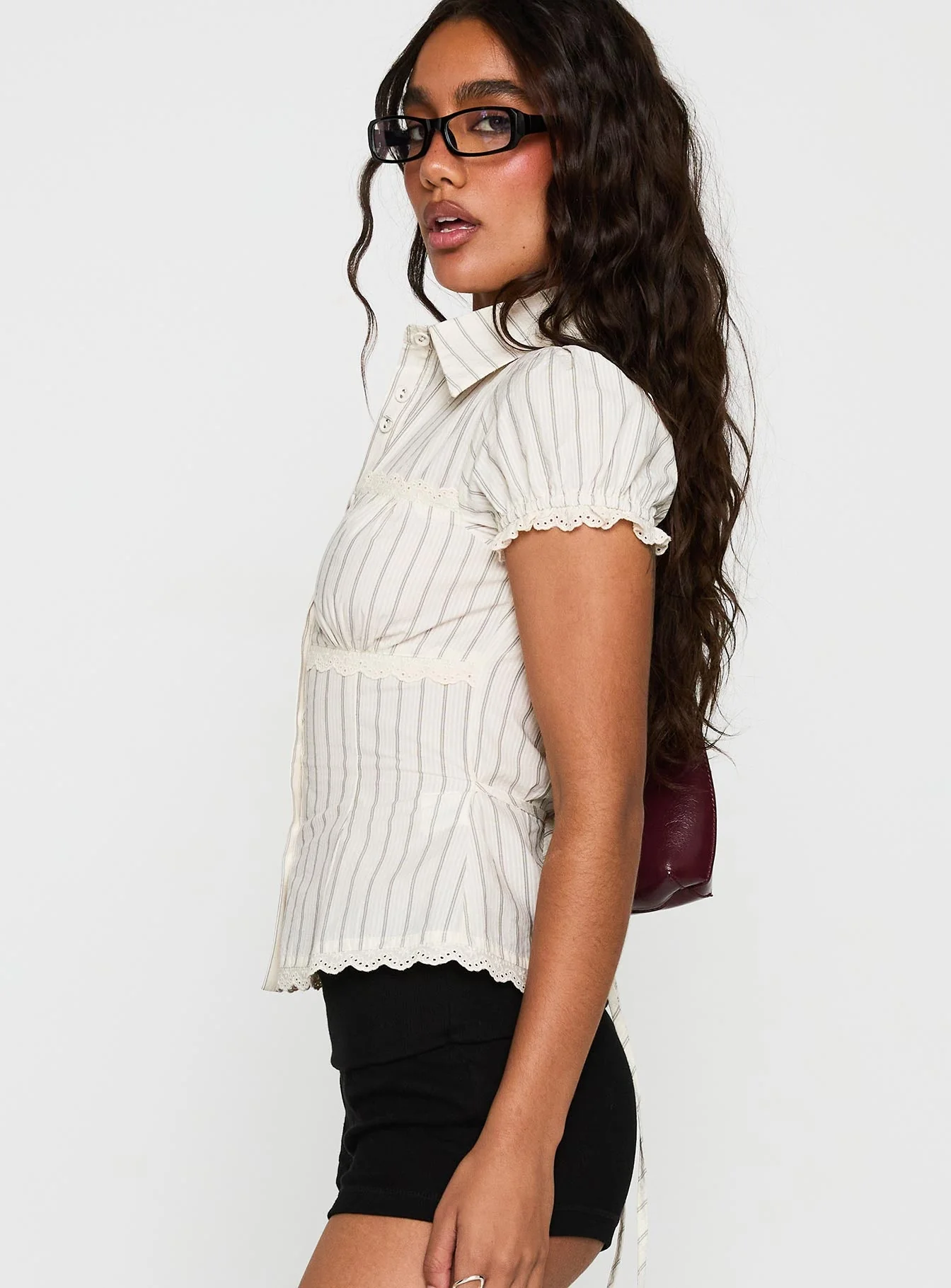 Deserve You Puff Sleeve Button Front Top Cream Stripe Petite - Image 4