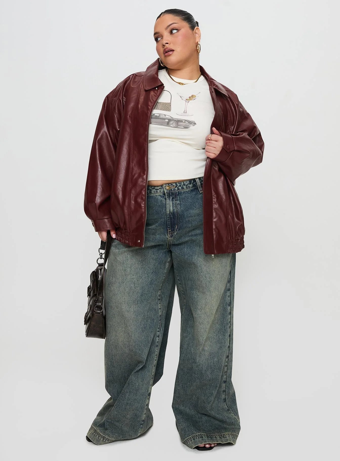 Devija Faux Leather Jacket Burgundy Curve - Image 3