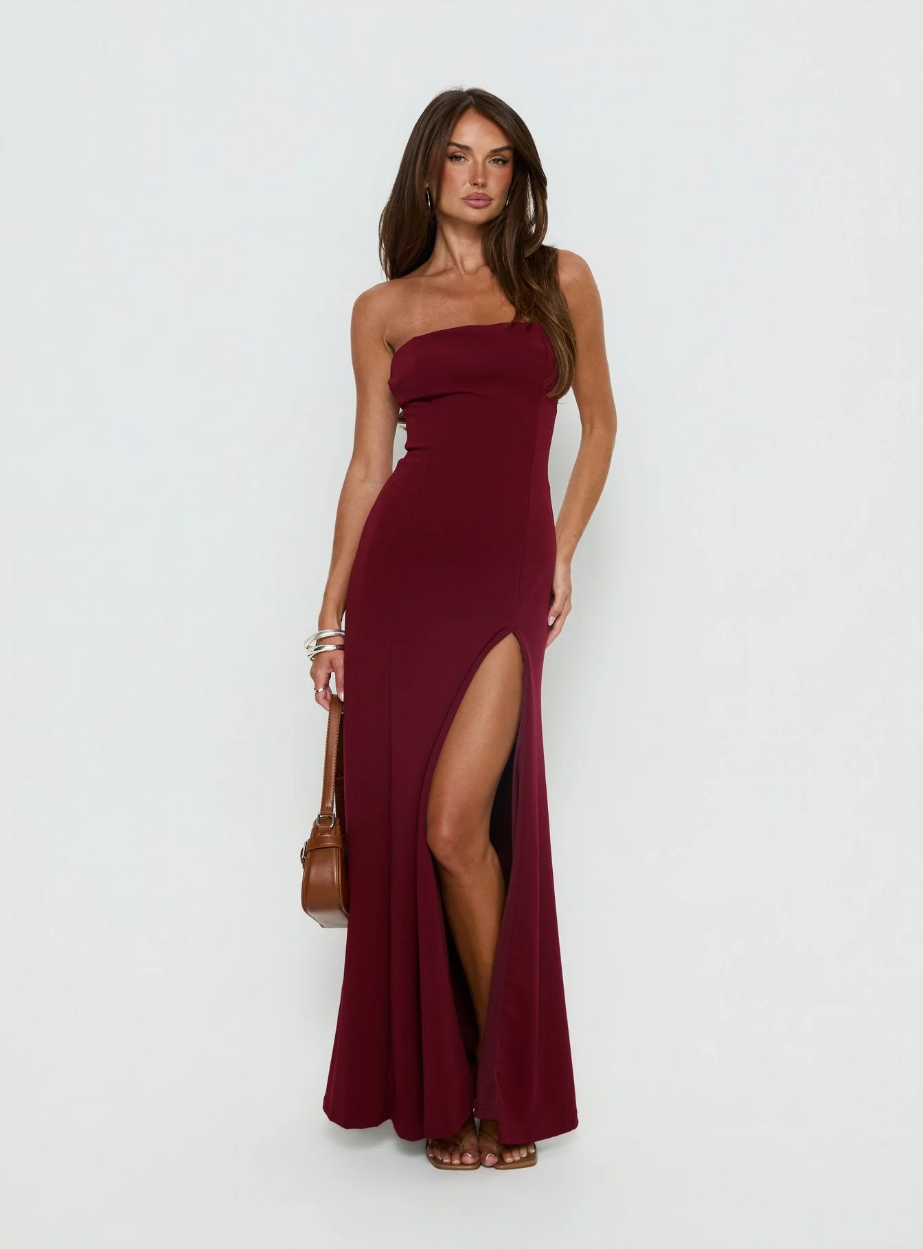 Diamanti Strapless High Slit Maxi Dress Burgundy - Image 2