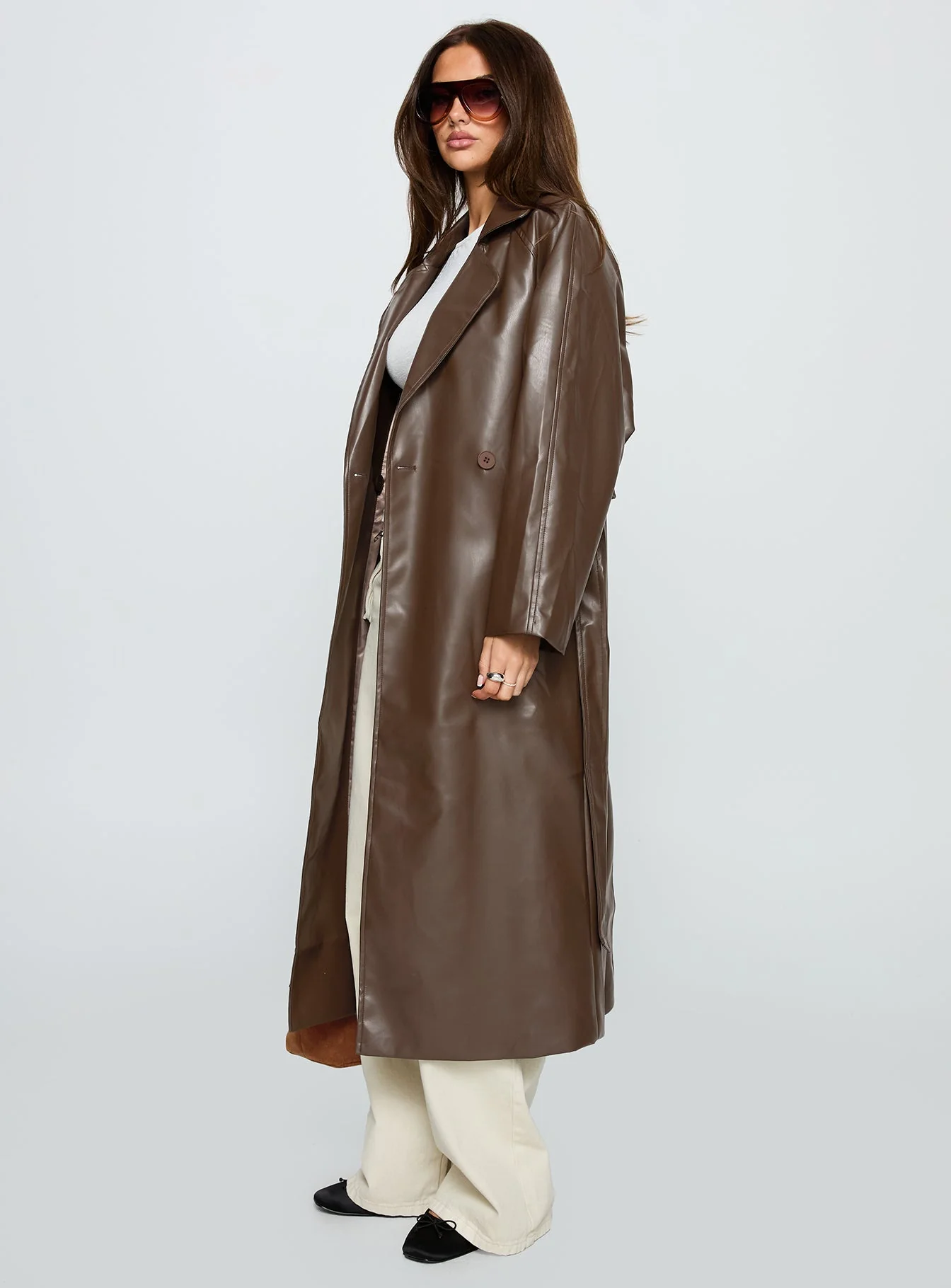 Dime A Dozen Faux Leather Trench Coat Brown - Image 4