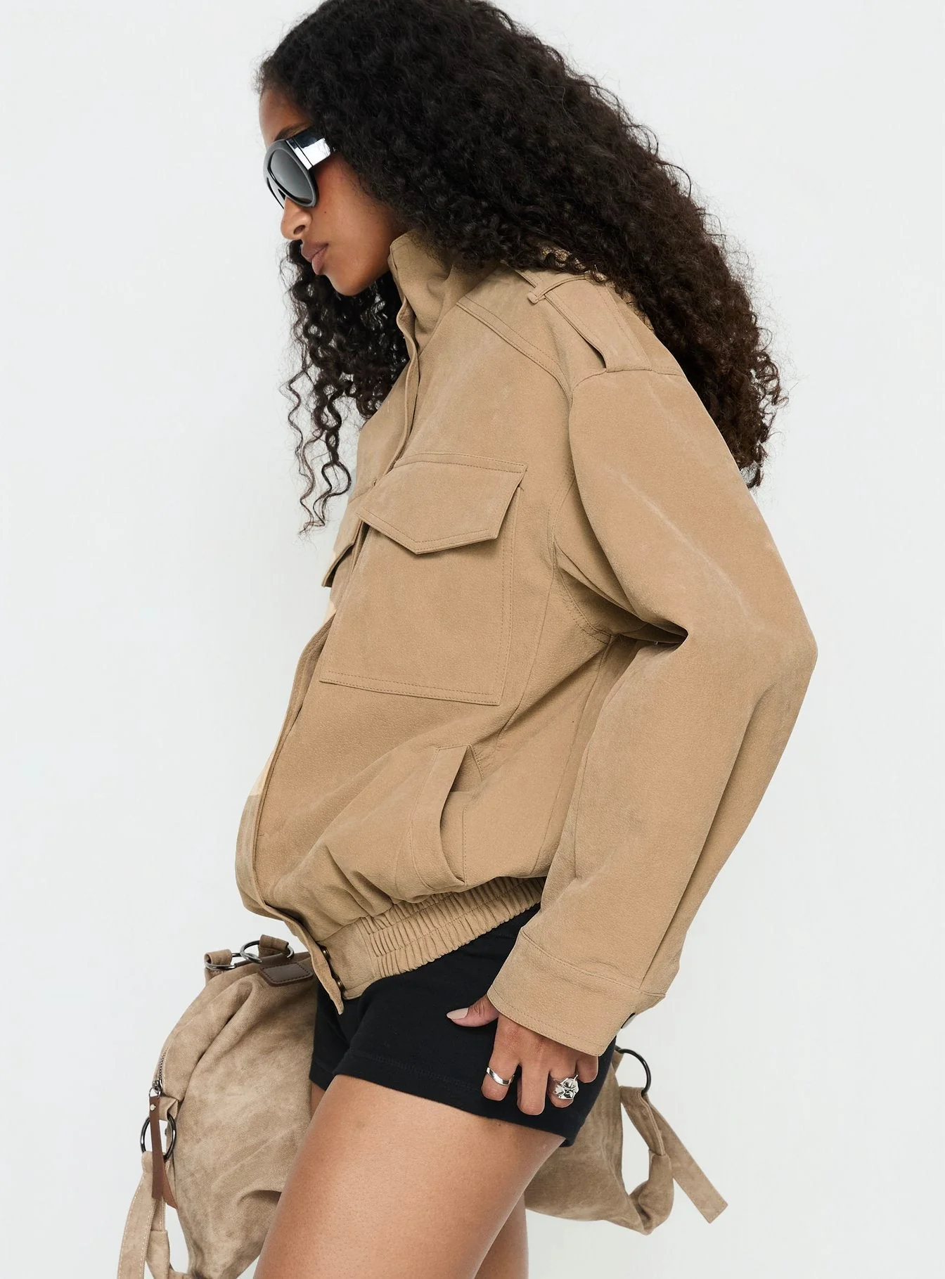 Double Life Funnel Neck Cargo Jacket Beige - Image 4