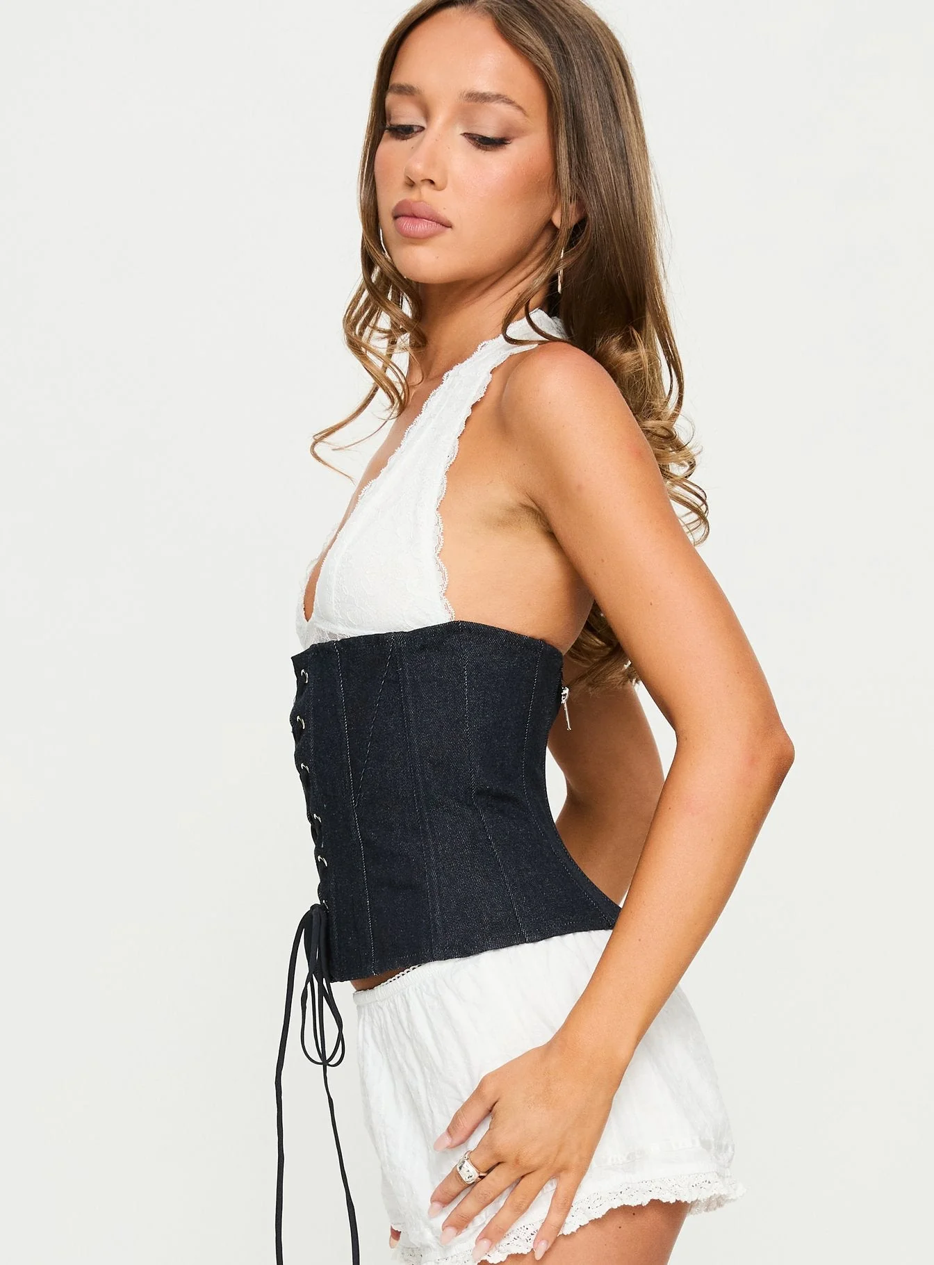Dreamfields Lace Up Corset Top Dark Denim / White - Image 4