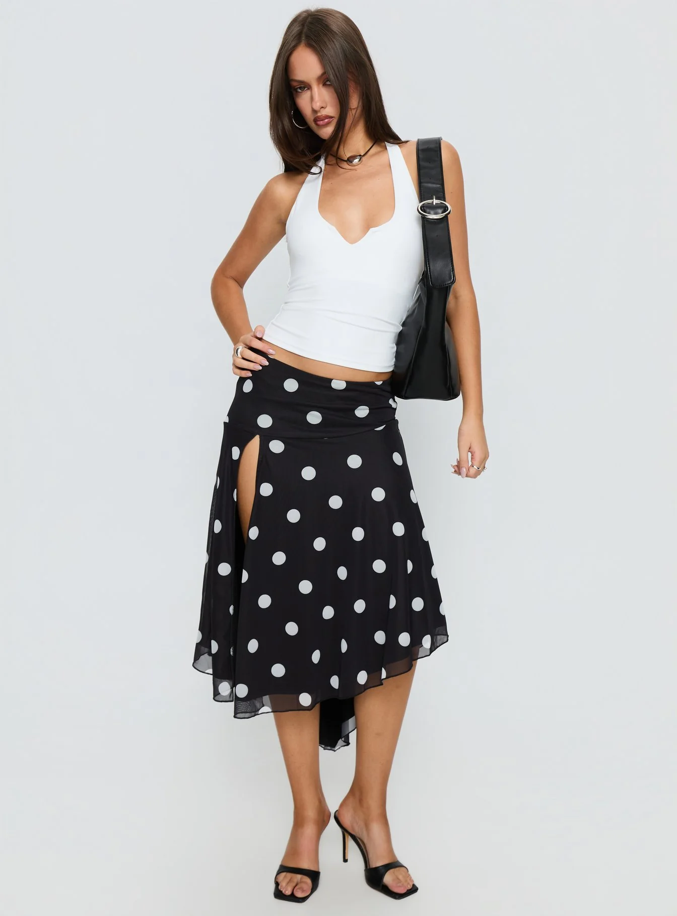 Dulciana High Split Asymmetrical Midi Skirt Black / Polka Dot - Image 3