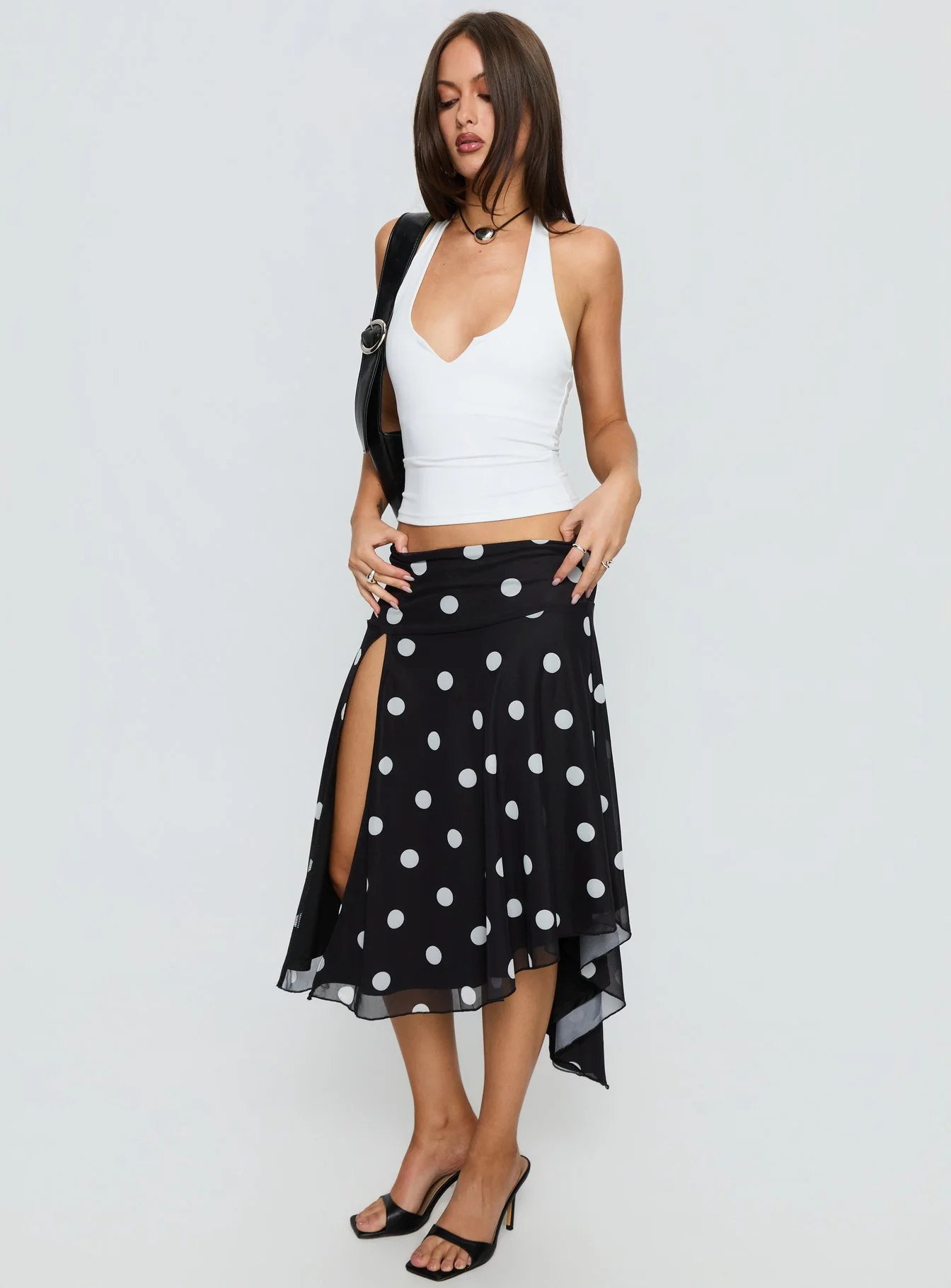 Dulciana High Split Asymmetrical Midi Skirt Black / Polka Dot - Image 4