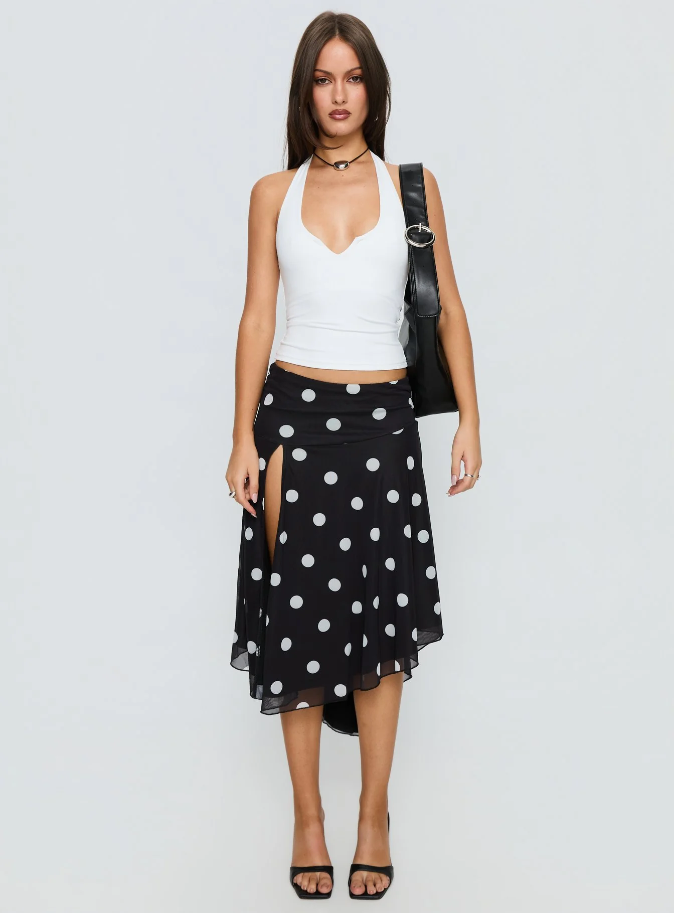 Dulciana High Split Asymmetrical Midi Skirt Black / Polka Dot - Image 7
