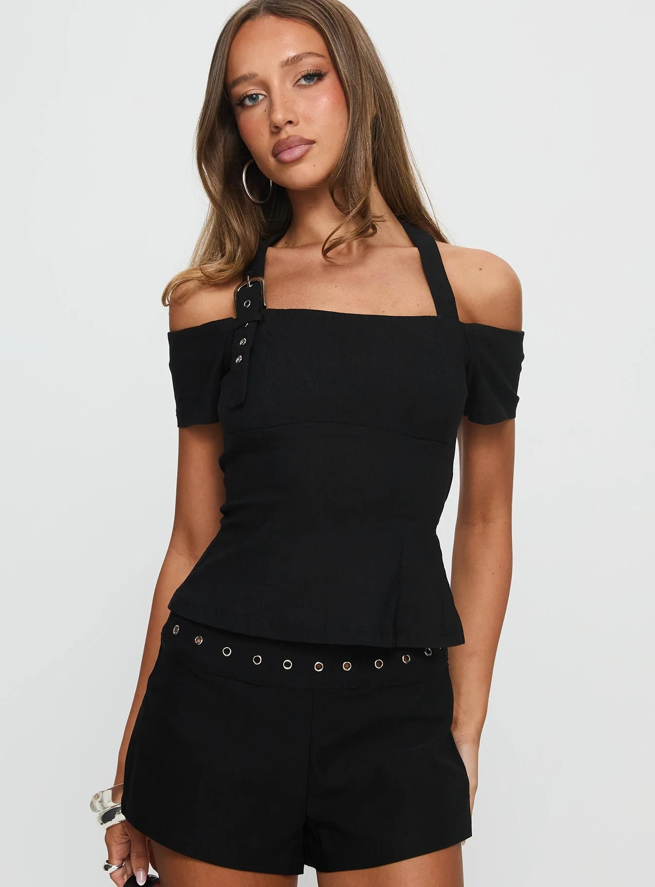 Elaini Buckle Off Shoulder Top Black - Image 2