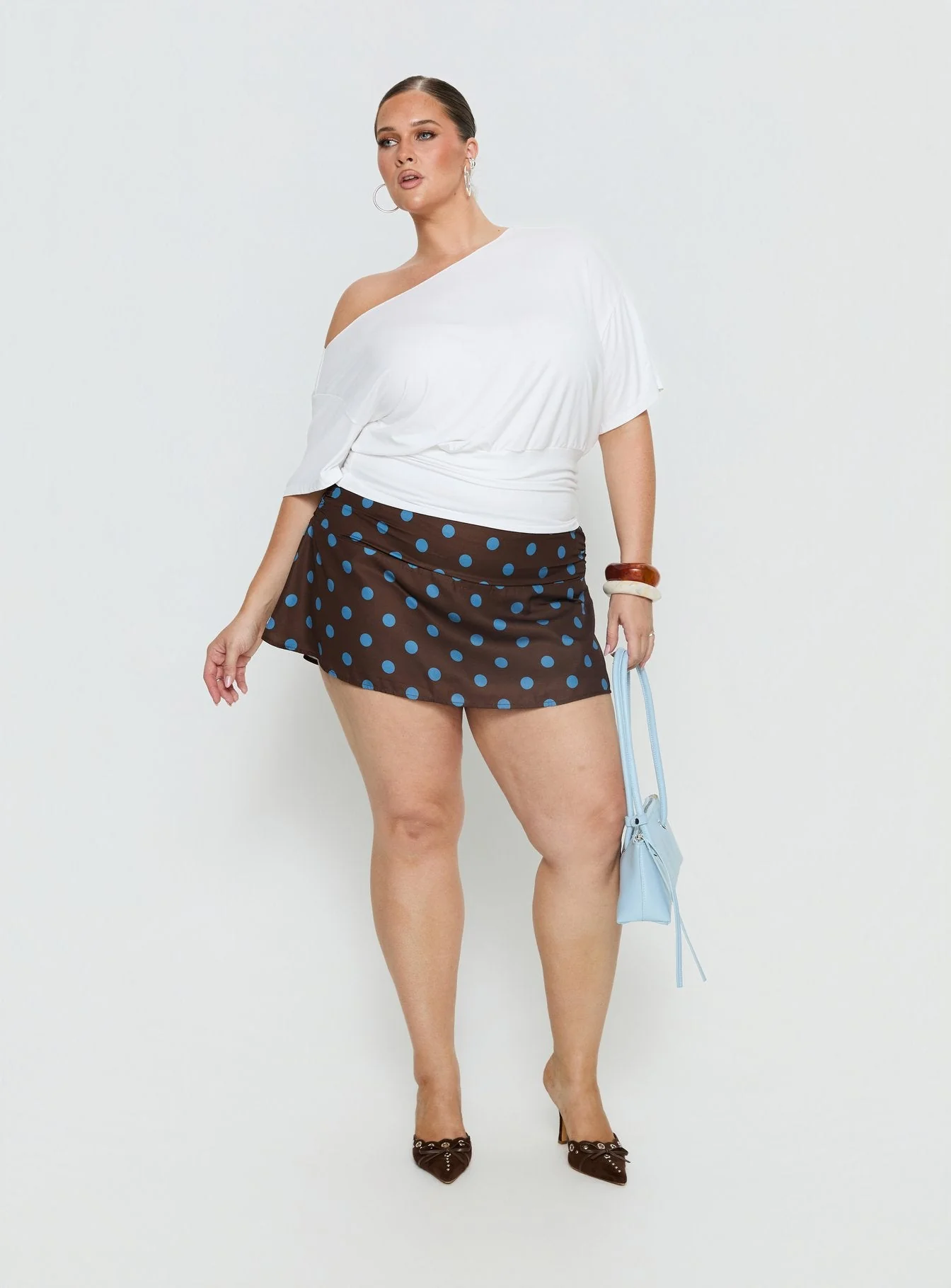 Elicia Ruched Mini Skirt Brown / Blue Polka Dot Curve - Image 3