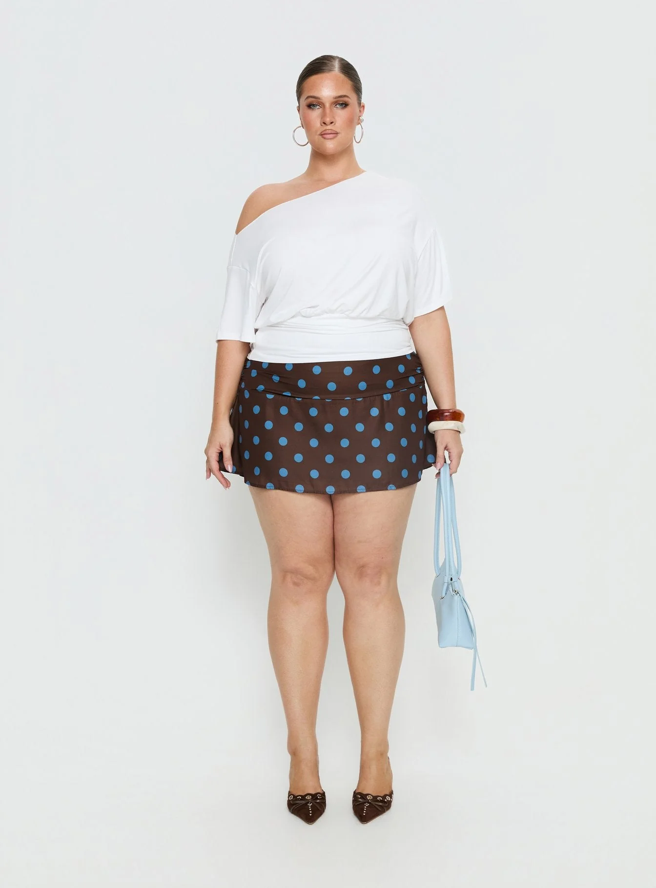 Elicia Ruched Mini Skirt Brown / Blue Polka Dot Curve - Image 7
