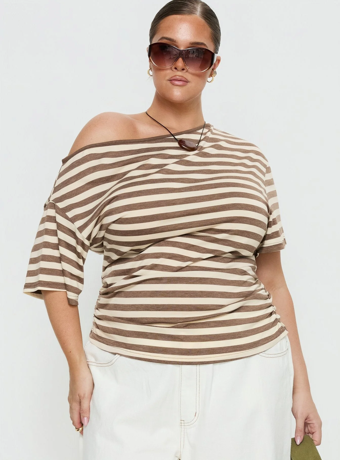 Emlynn Off Shoulder Top Brown Stripe Curve - Image 2