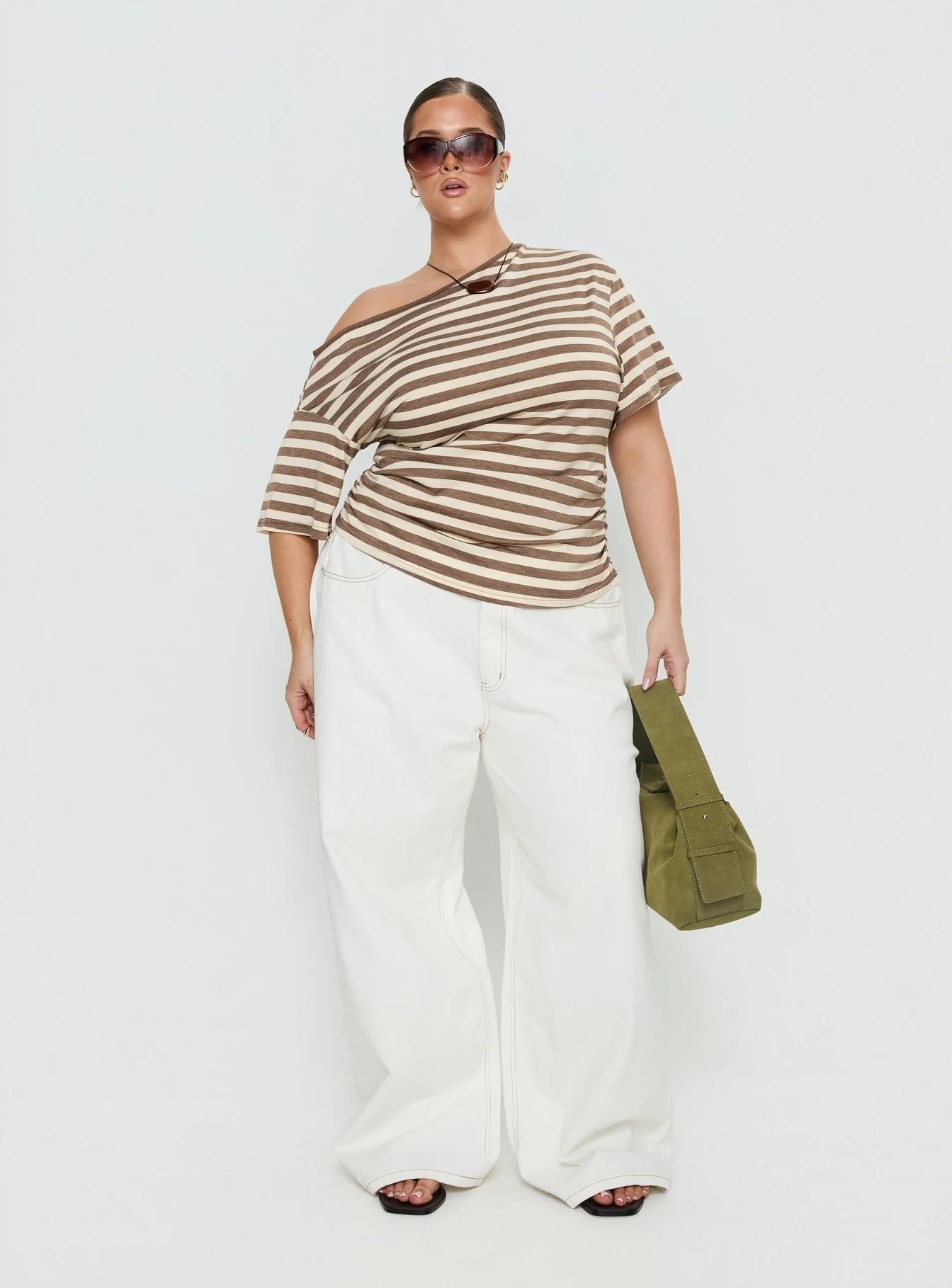 Emlynn Off Shoulder Top Brown Stripe Curve - Image 3