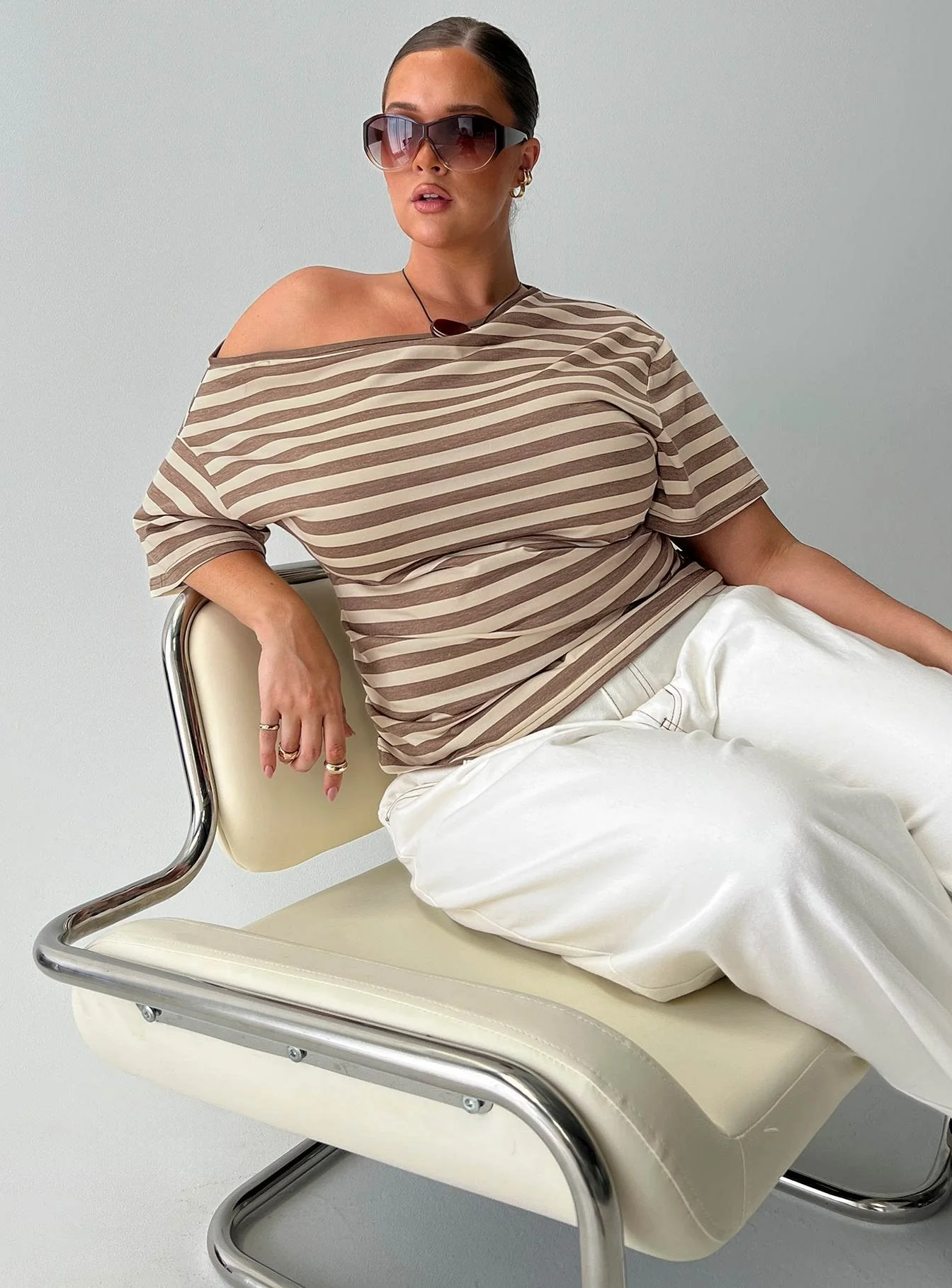 Emlynn Off Shoulder Top Brown Stripe Curve - Image 8