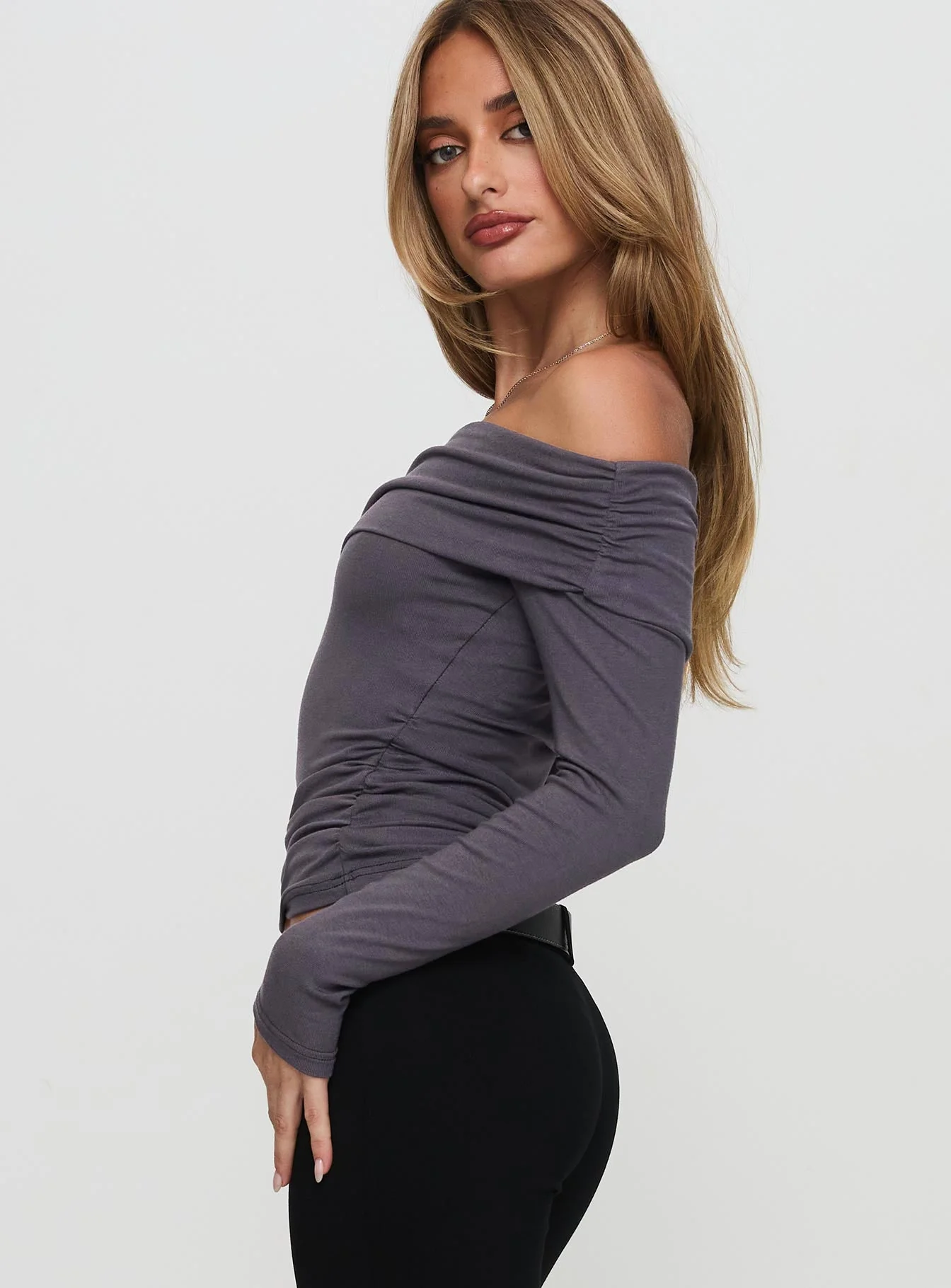 Erving Long Sleeve Off Shoulder Top Slate - Image 4