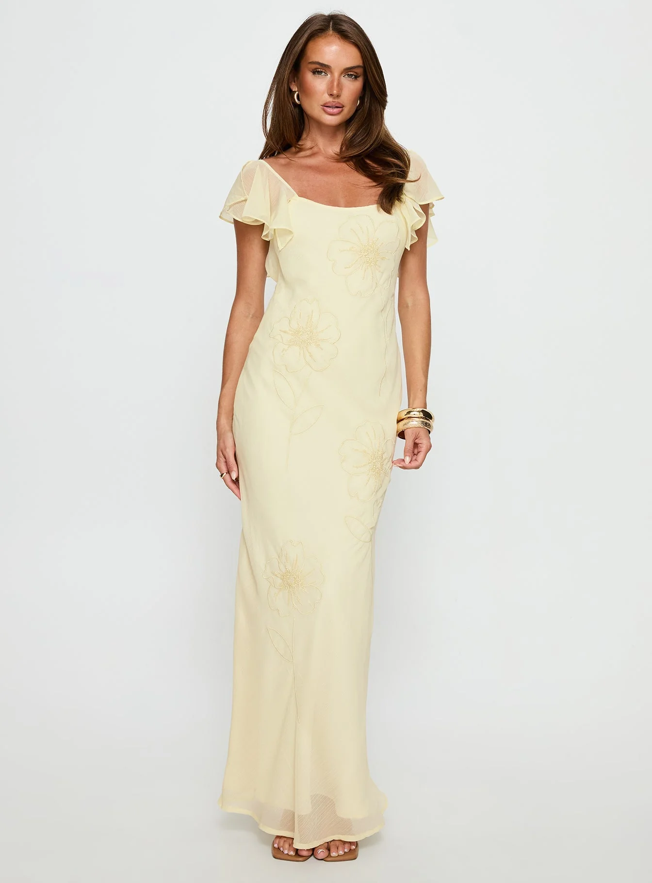 Estah Flutter Sleeve Embellished Maxi Dress Yellow - Image 3