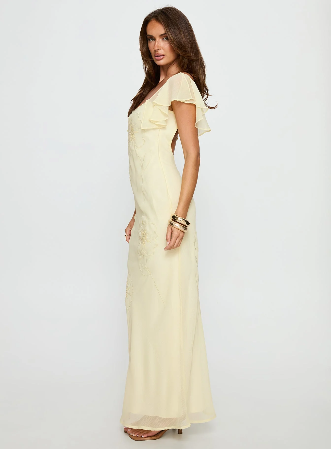 Estah Flutter Sleeve Embellished Maxi Dress Yellow - Image 4