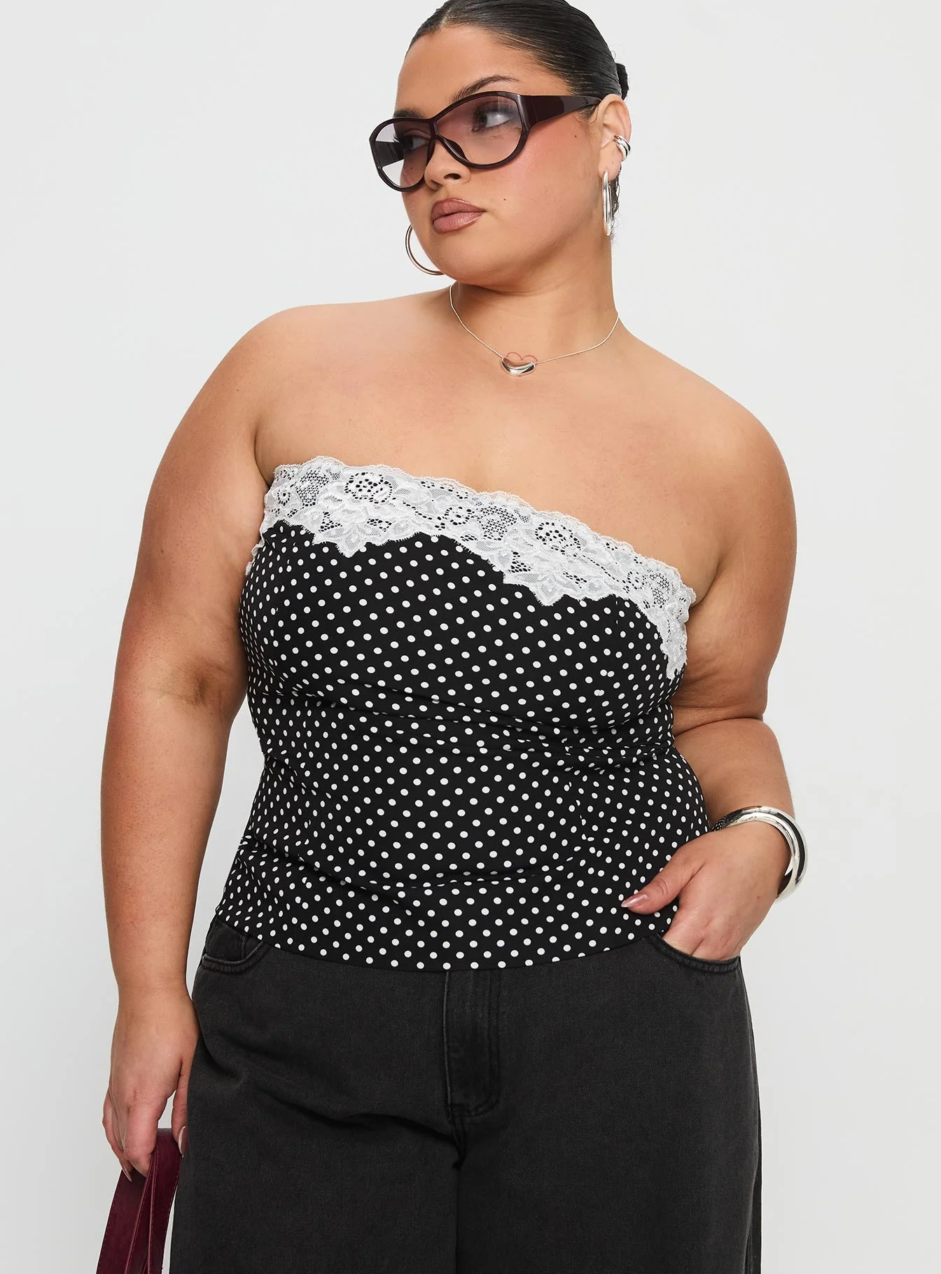 Ettore Lace Trim Strapless Top Black Polka Curve - Image 2