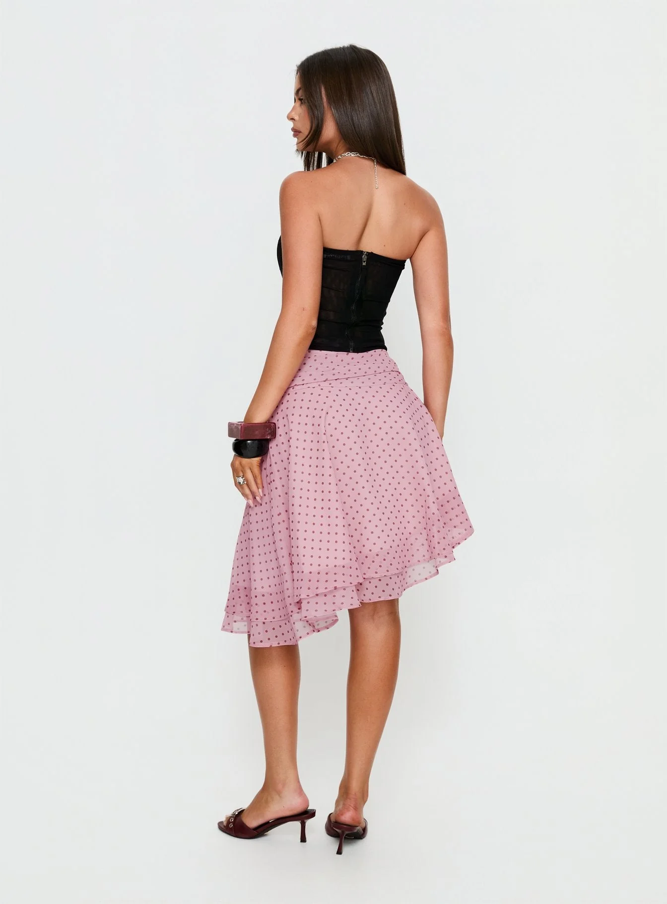 Evanescence Asymmetrical Midi Skirt Pink Polka Dot - Image 5