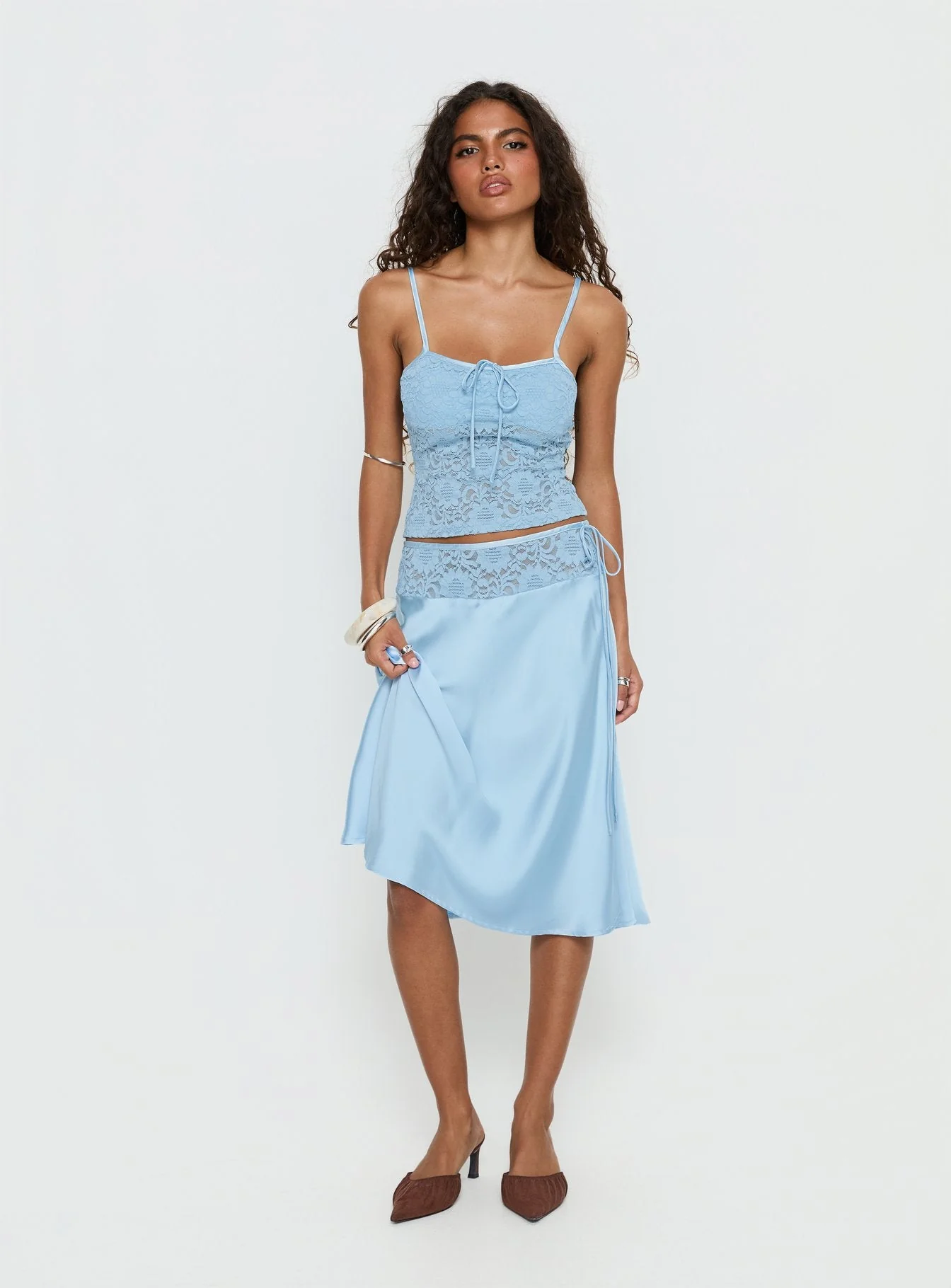 Evlin Lace Detail Satin Midi Skirt Blue - Image 3