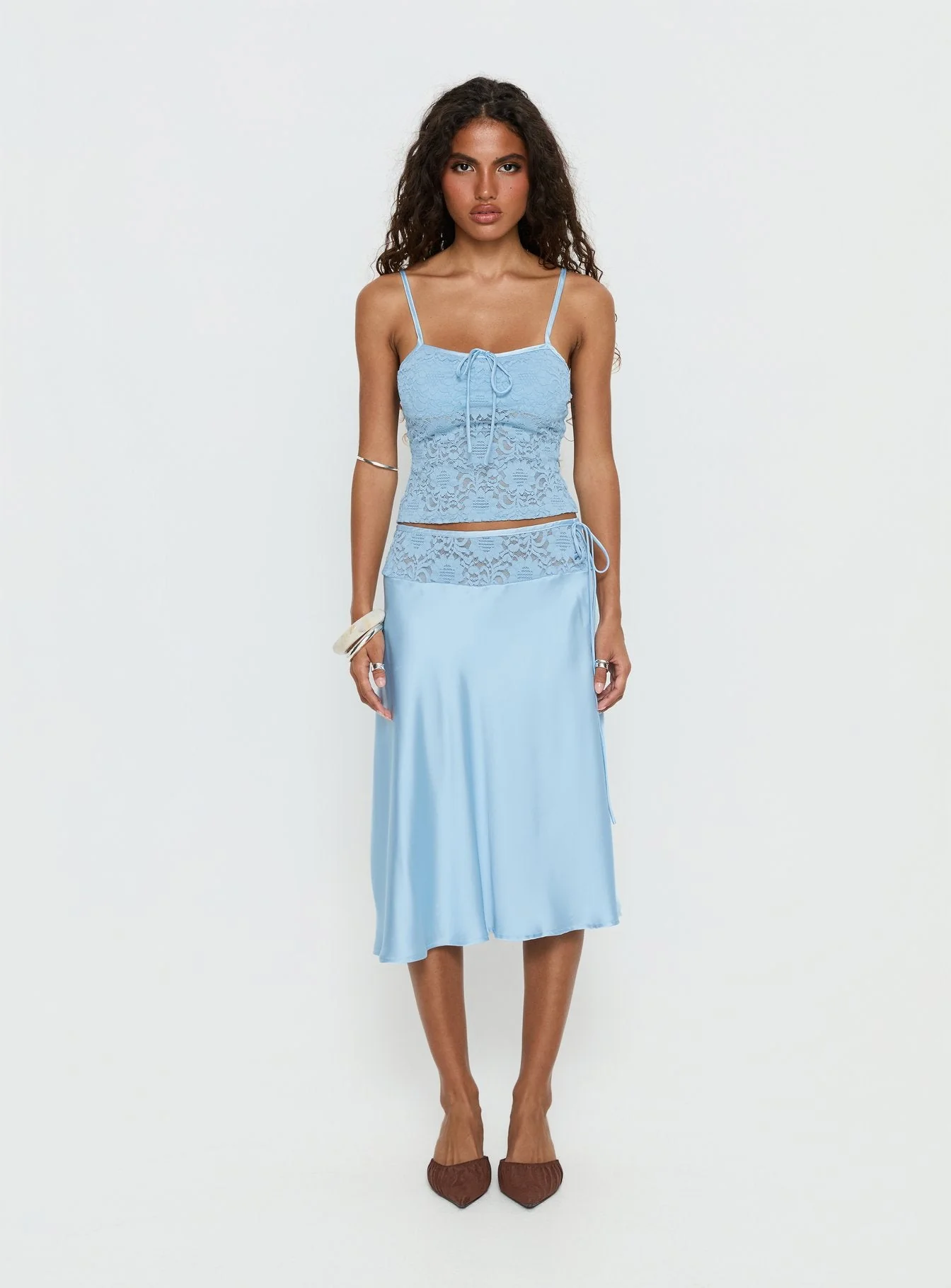 Evlin Lace Detail Satin Midi Skirt Blue - Image 7