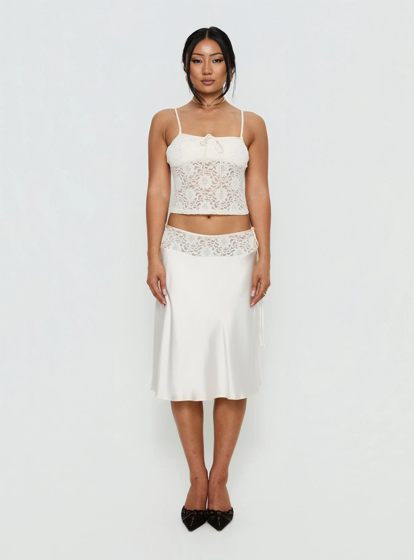 Evlin Lace Detail Satin Midi Skirt Cream - Image 7