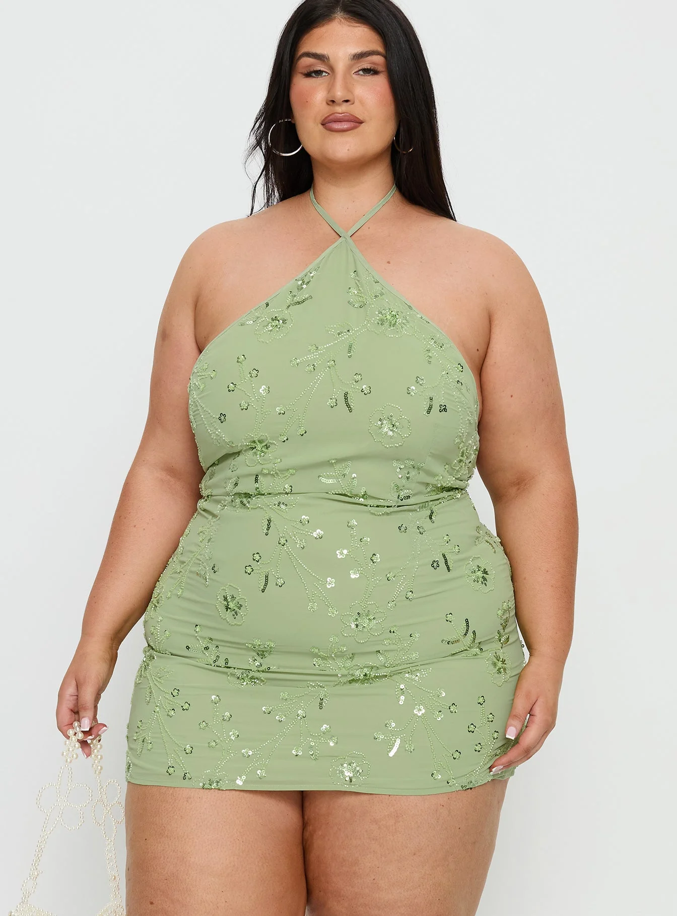 Evolet Embellished Halter Mini Dress Green Curve - Image 2
