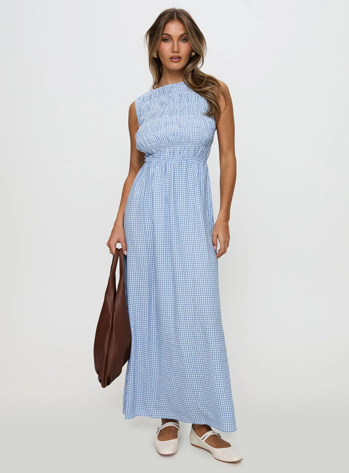 Fables Shirred Maxi Dress Blue Gingham - Image 2