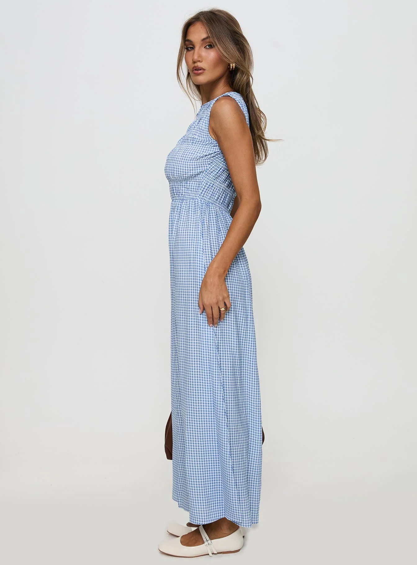 Fables Shirred Maxi Dress Blue Gingham - Image 4