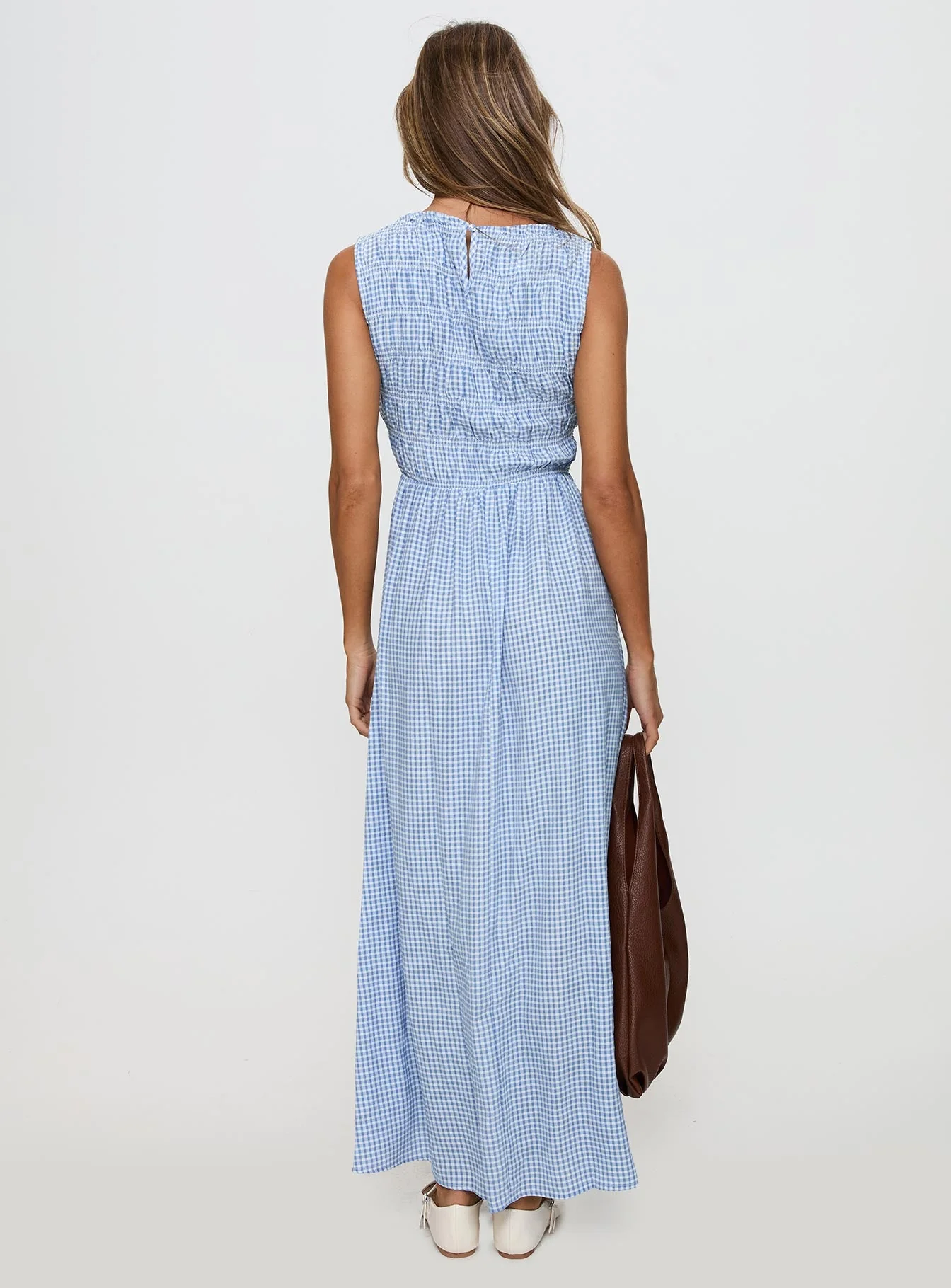 Fables Shirred Maxi Dress Blue Gingham - Image 5