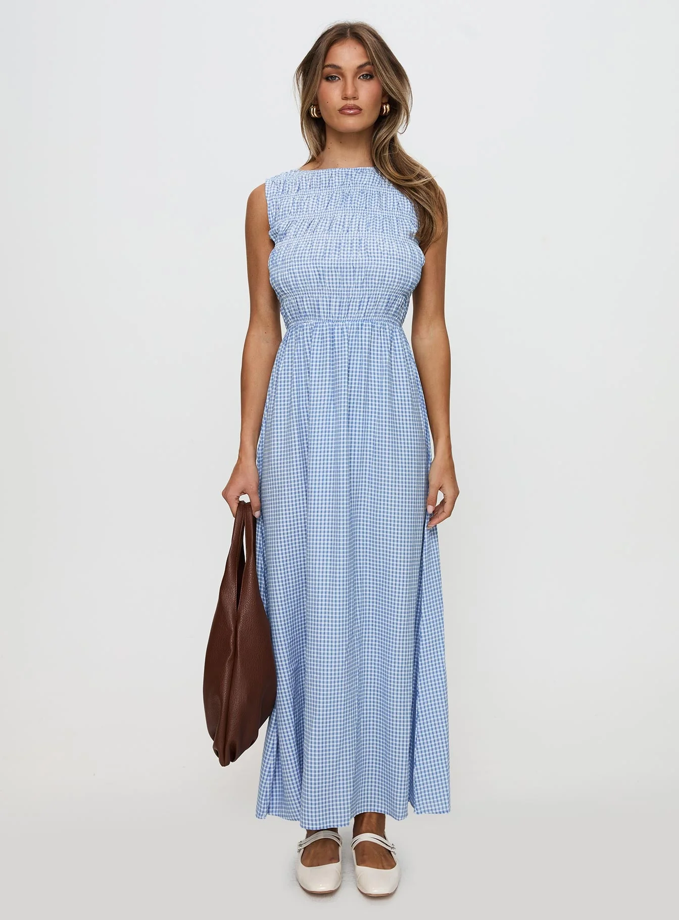 Fables Shirred Maxi Dress Blue Gingham - Image 7