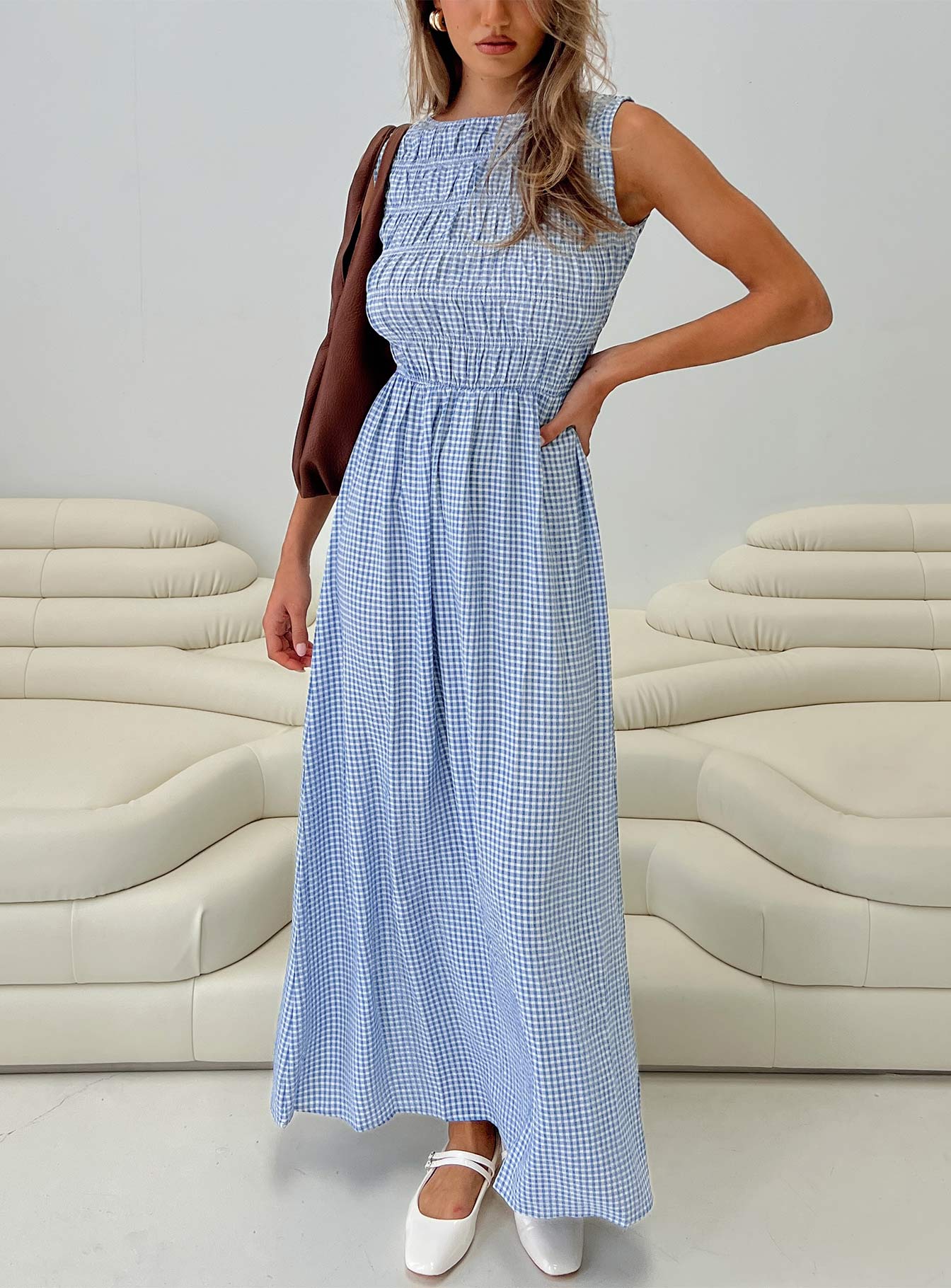 Fables Shirred Maxi Dress Blue Gingham - Image 8