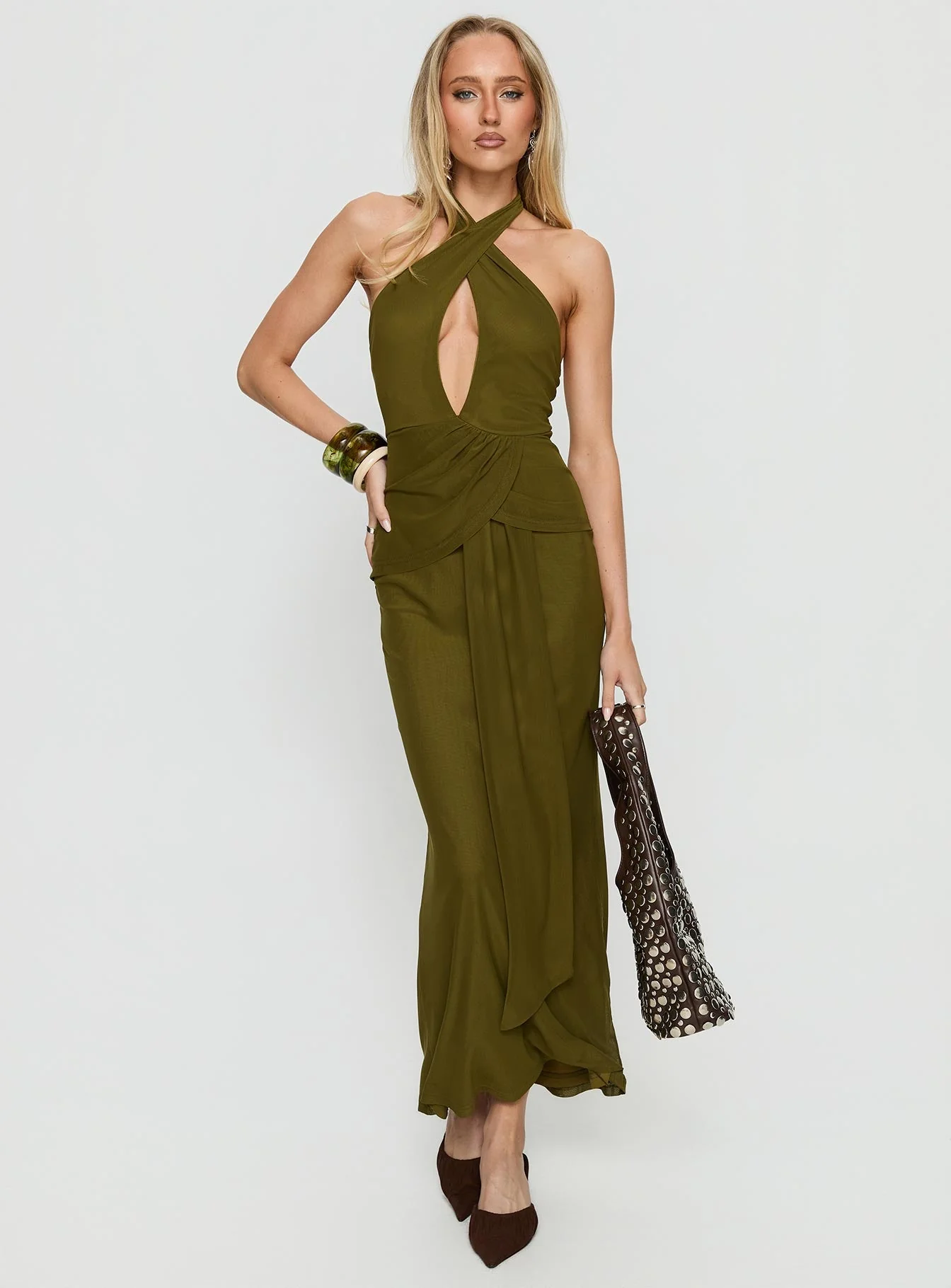 Feliza Keyhole Halter Maxi Dress Olive - Image 2