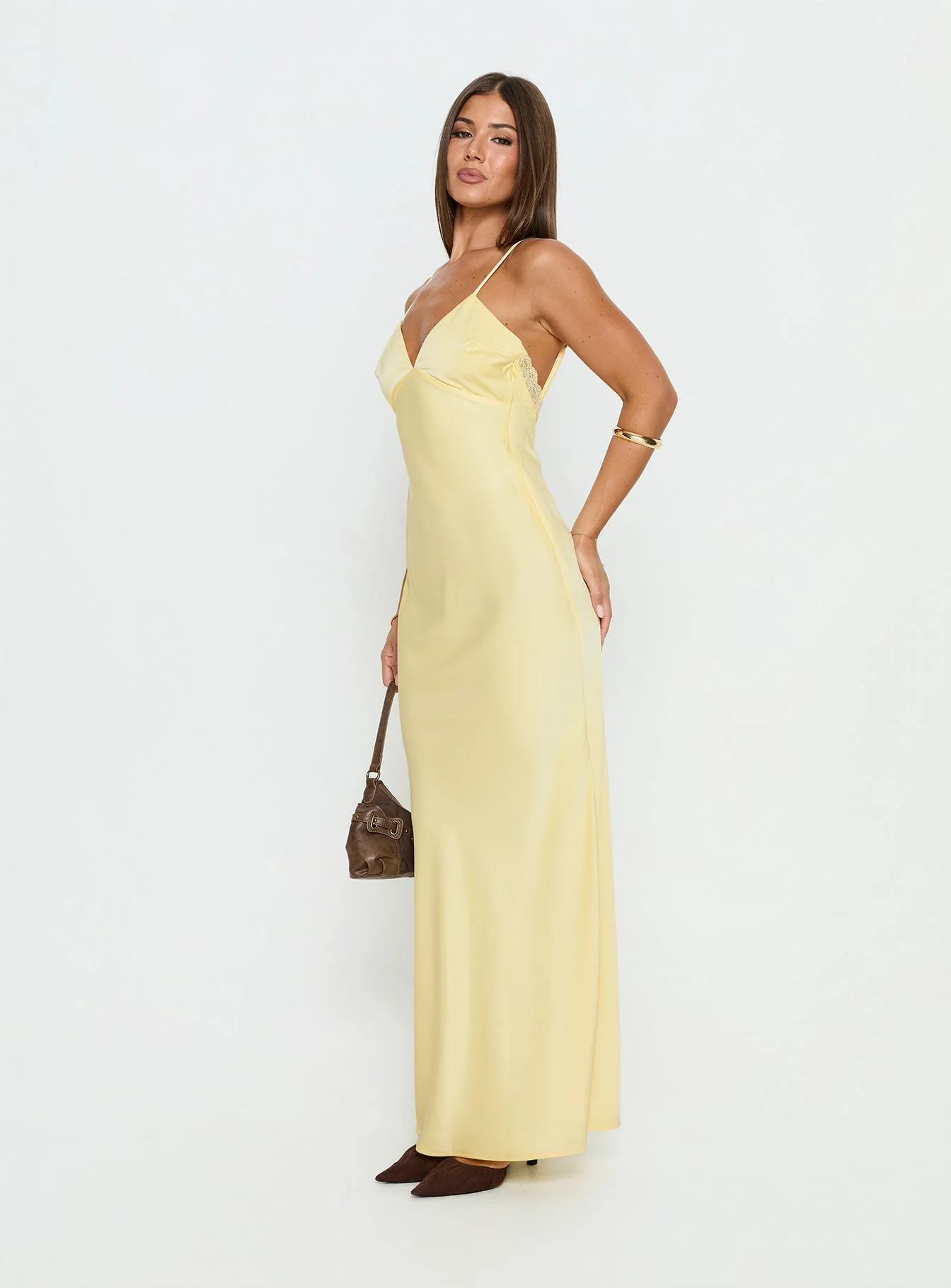 Flip A Switch Satin Lace Slip Maxi Dress Butter - Image 4