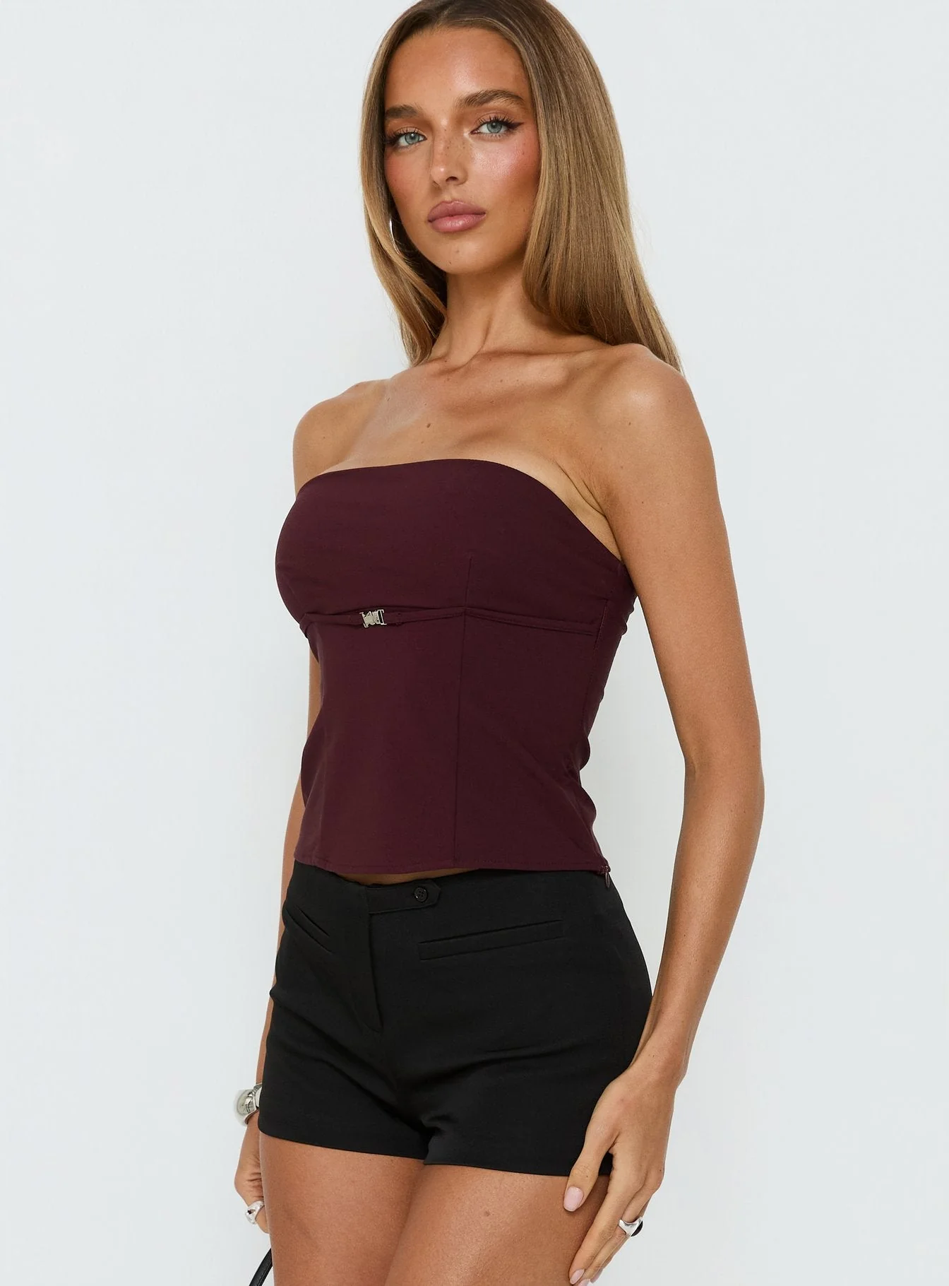 Flounce Strapless Top Plum - Image 4
