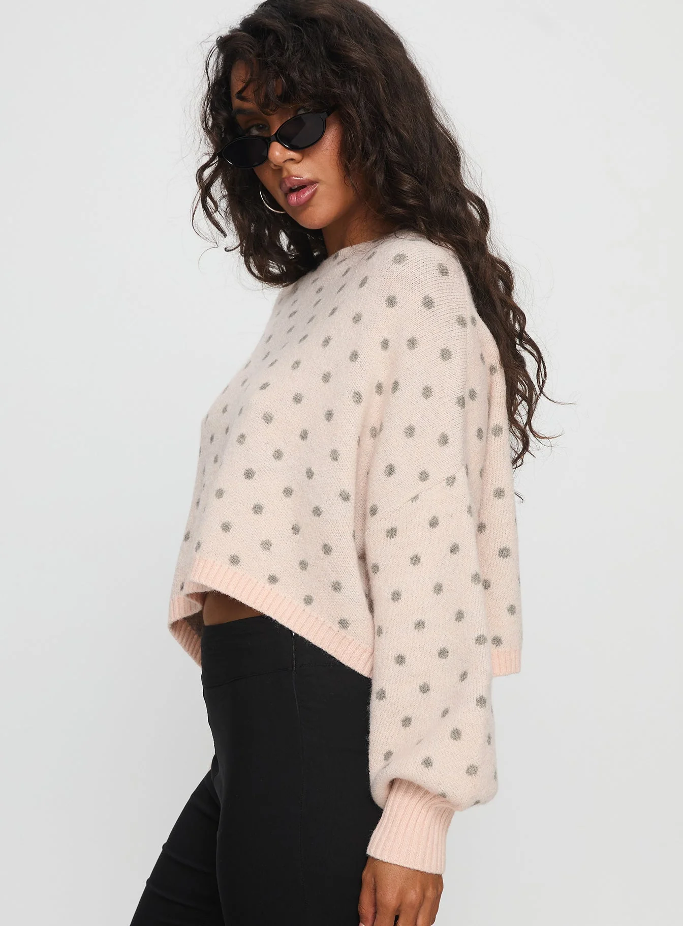 Francess Off Shoulder Knit Sweater Pink Polka - Image 3