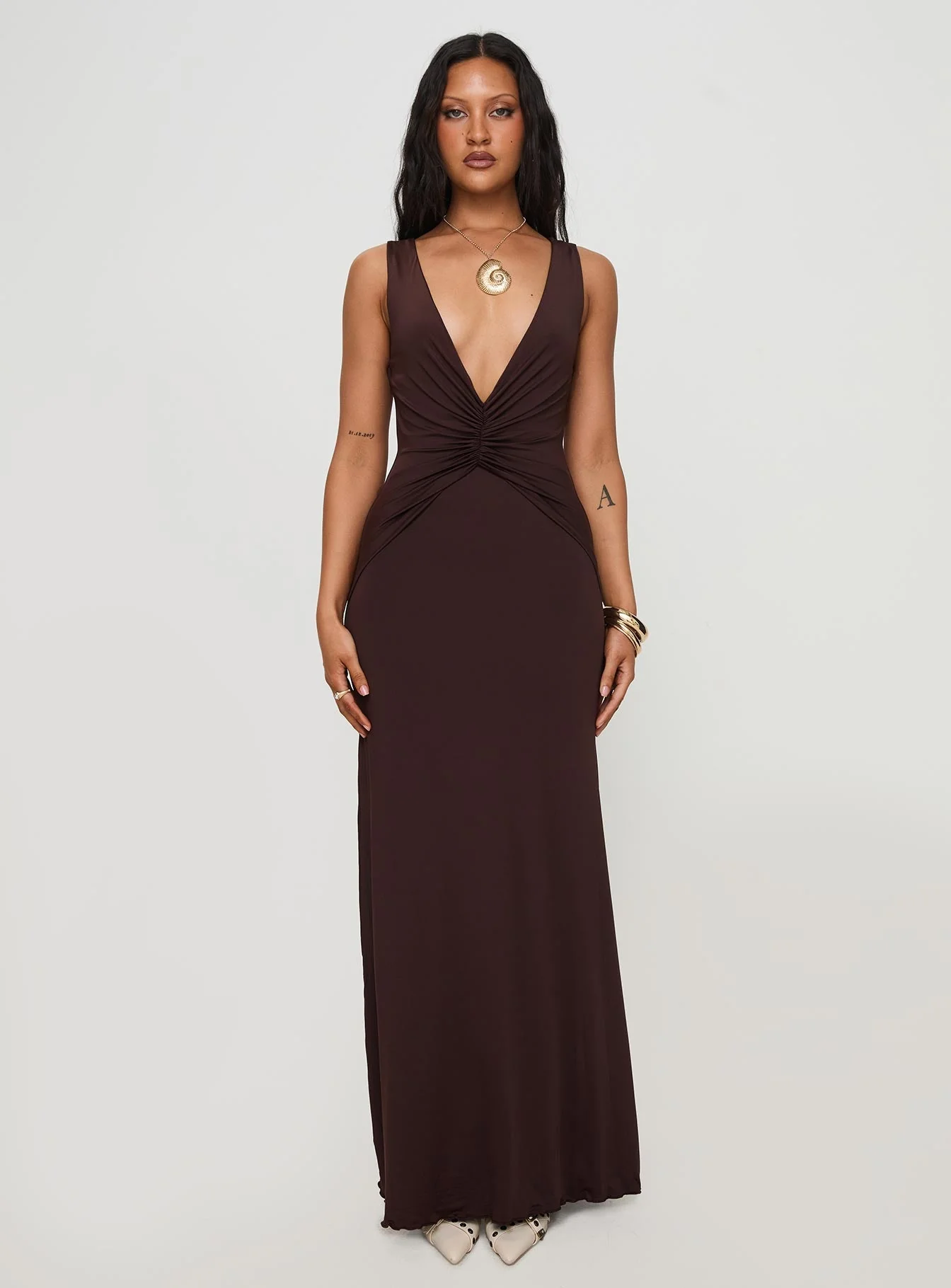 Frederica Plunge Maxi Dress Chocolate Petite - Image 7