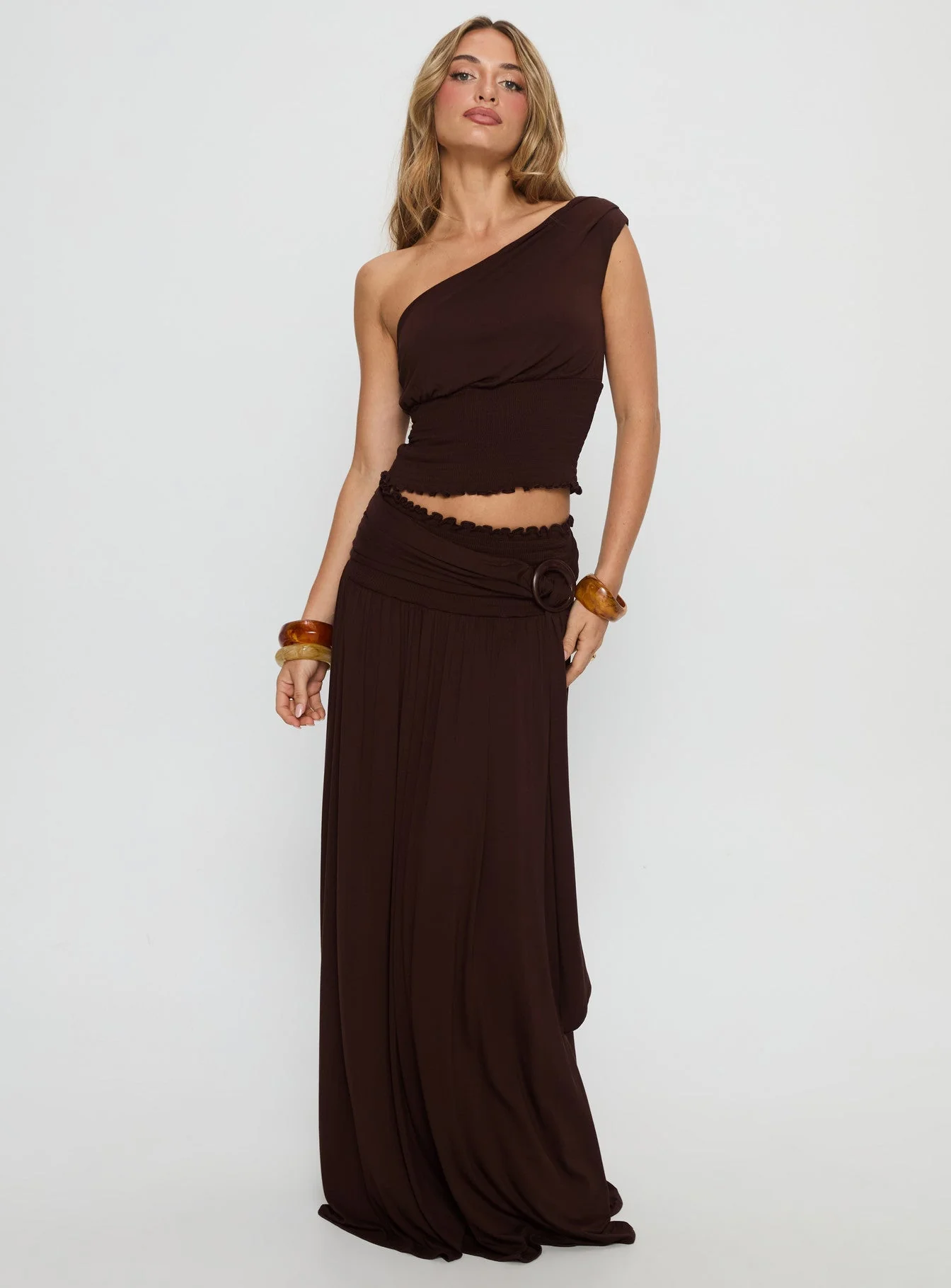 Full Orbit Shirred Maxi Skirt Chocolate Brown - Image 2
