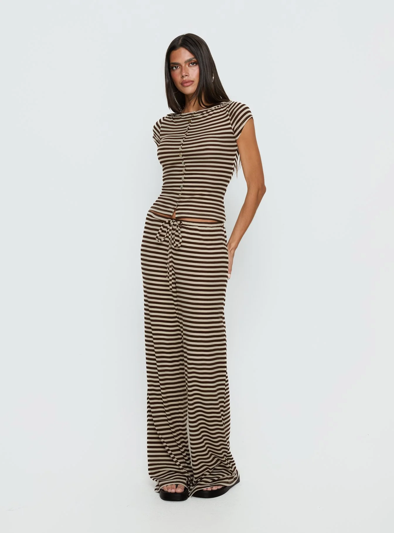 Gavrielle Jersey Wide Leg Pants Chocolate / Cream Stripe - Image 3